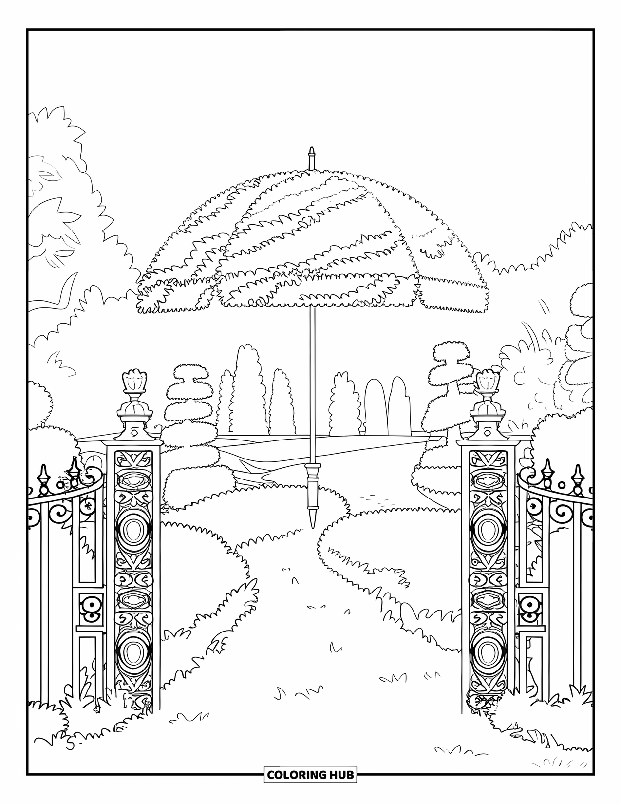 Umbrella Coloring Page for Adults: A topiary umbrella sits in a garden surrounded by gates, statues, and winding paths