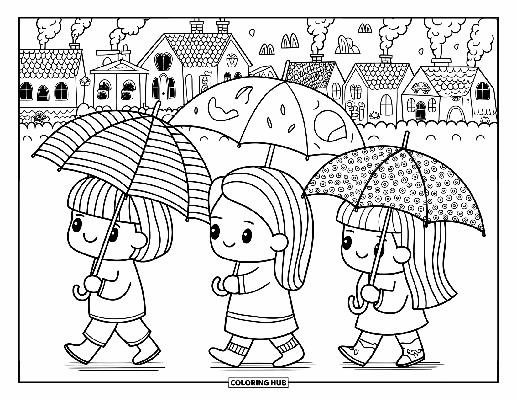 Umbrella Coloring Page for Adults: A trio of kids with patterned umbrellas walks past tiny rooftops and playful village details