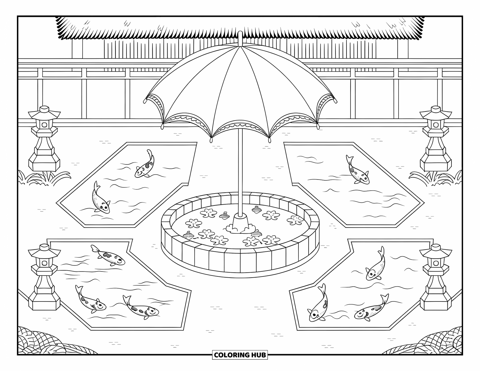 Umbrella Coloring Page for Adults: An umbrella-shaped fountain sits between koi ponds and stone lanterns near a thatched-roof building