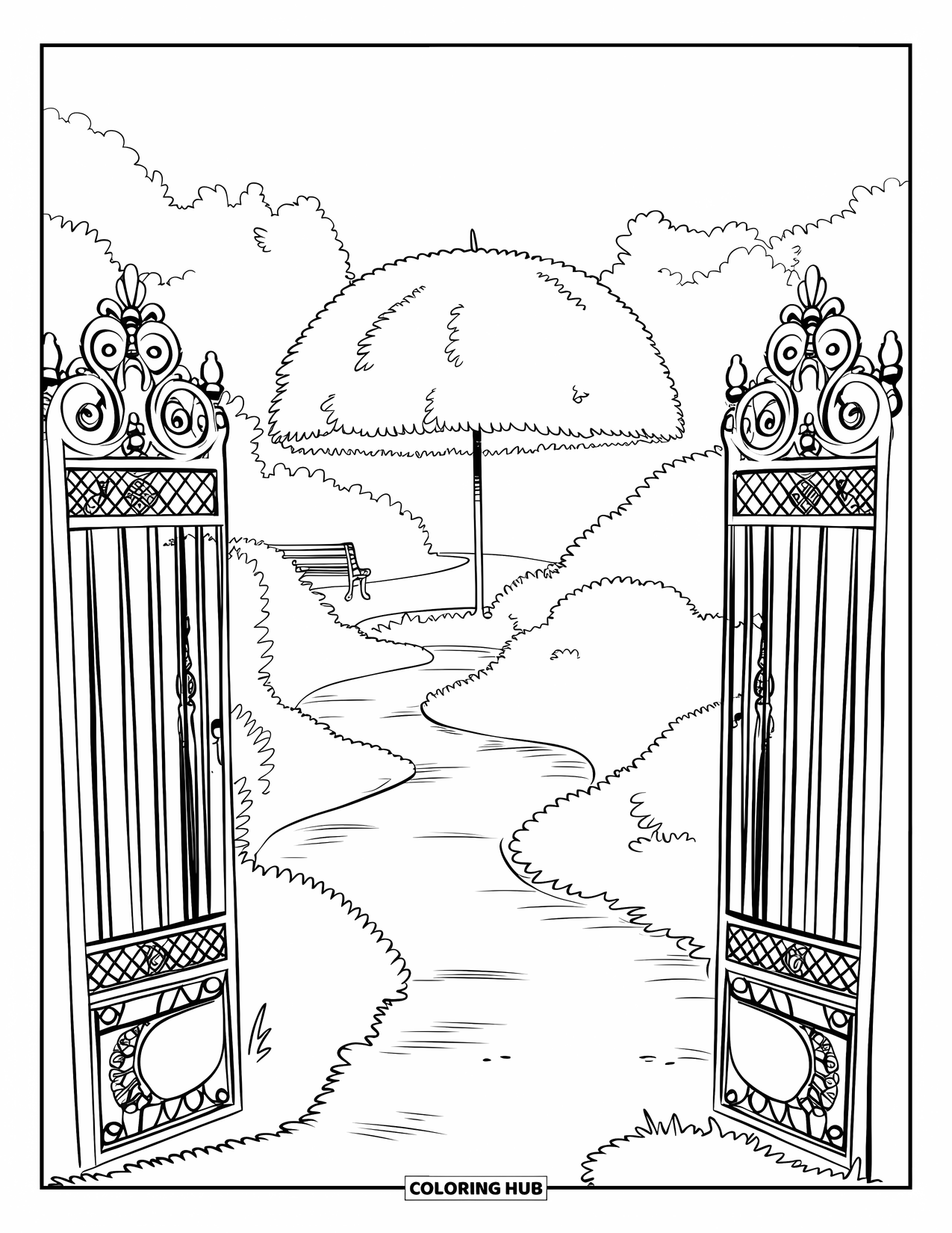 Umbrella Coloring Page for Adults: An umbrella-shaped topiary with missing leaves stands near gates, paths, and a garden bench