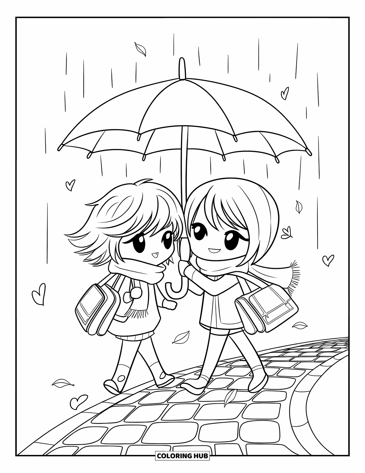 Umbrella Coloring Page for Adults: Chibi friends share an umbrella on a cobbled path with hearts and swirling leaves