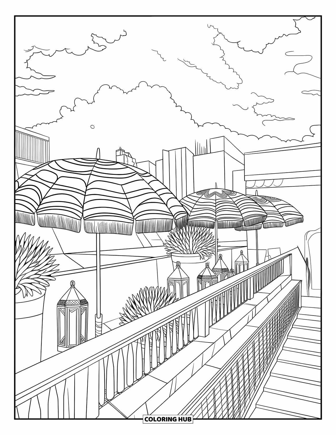 Umbrella Coloring Page for Adults: Patterned umbrellas and lanterns decorate a rooftop with railing, stairs, and cloudy city views