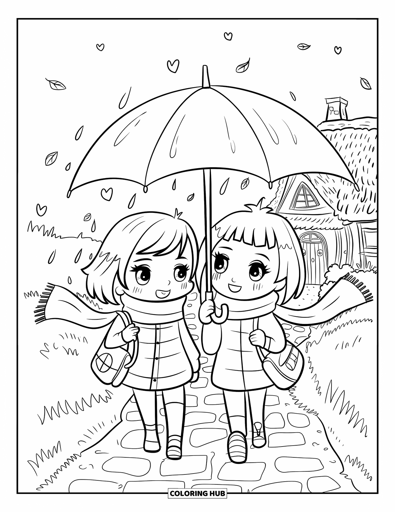 Umbrella Coloring Page for Adults: Two chibi friends walk under an umbrella with scarves, book bags, hearts, and drifting leaves
