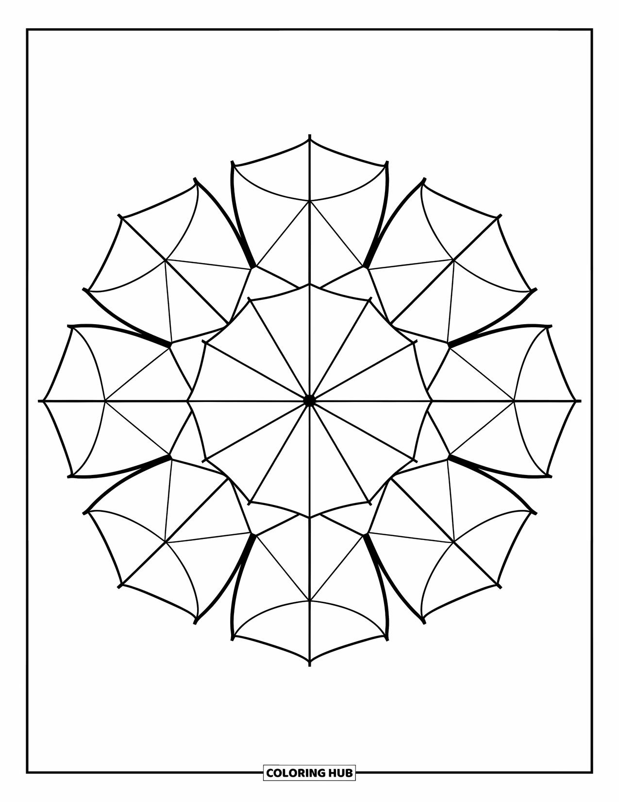 Umbrella Coloring Page for Adults: Umbrellas arranged in a circle create a calm, geometric view from above