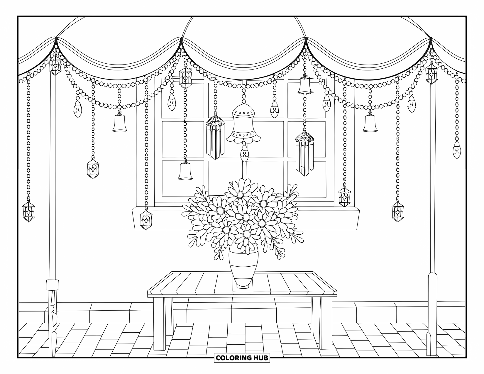 Umbrella Coloring Page for Adults: Wind chimes and crystals hang from an umbrella canopy above a table with flowers and bricks