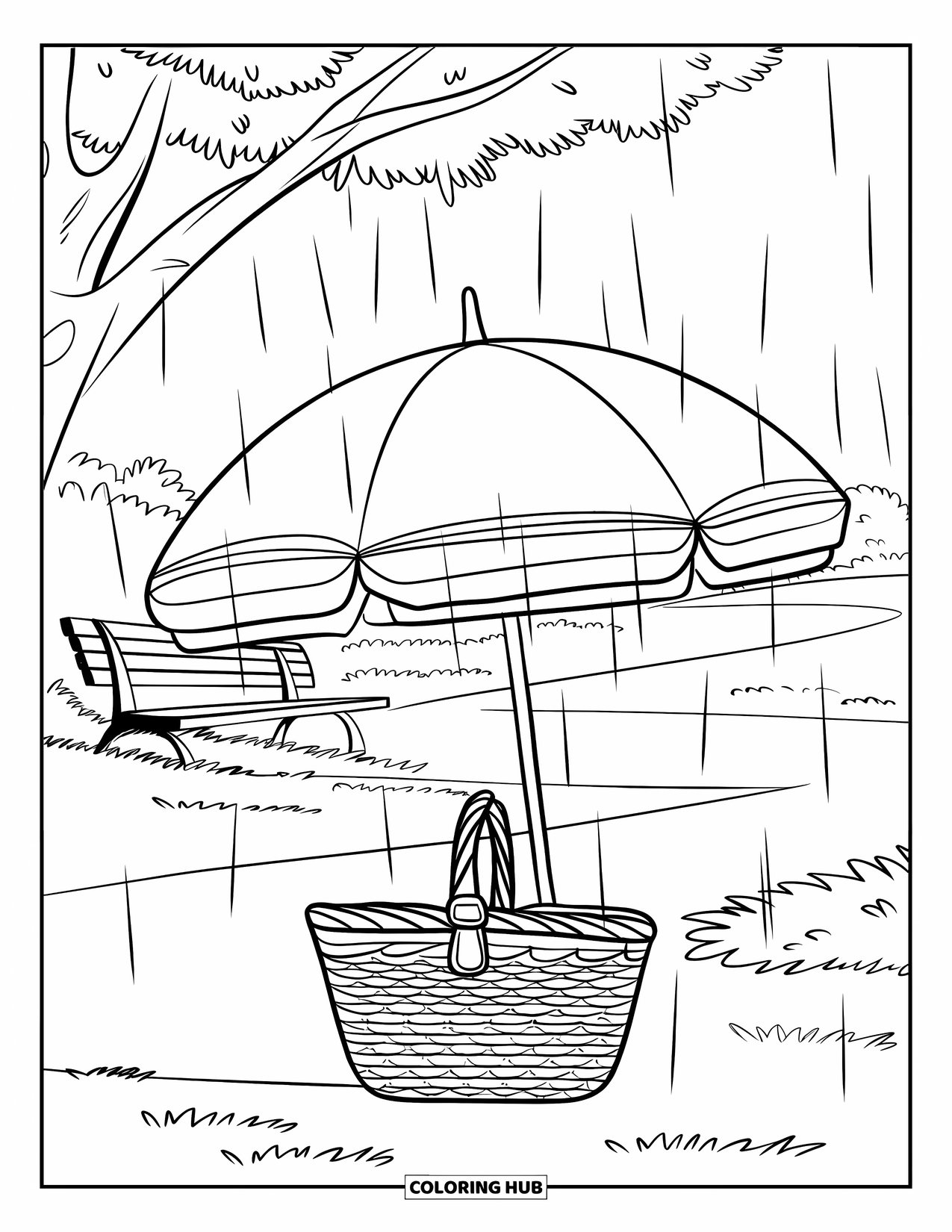 Umbrella Coloring Page for Kids: A bench, tree, and path surround a picnic basket under an umbrella during a light drizzle