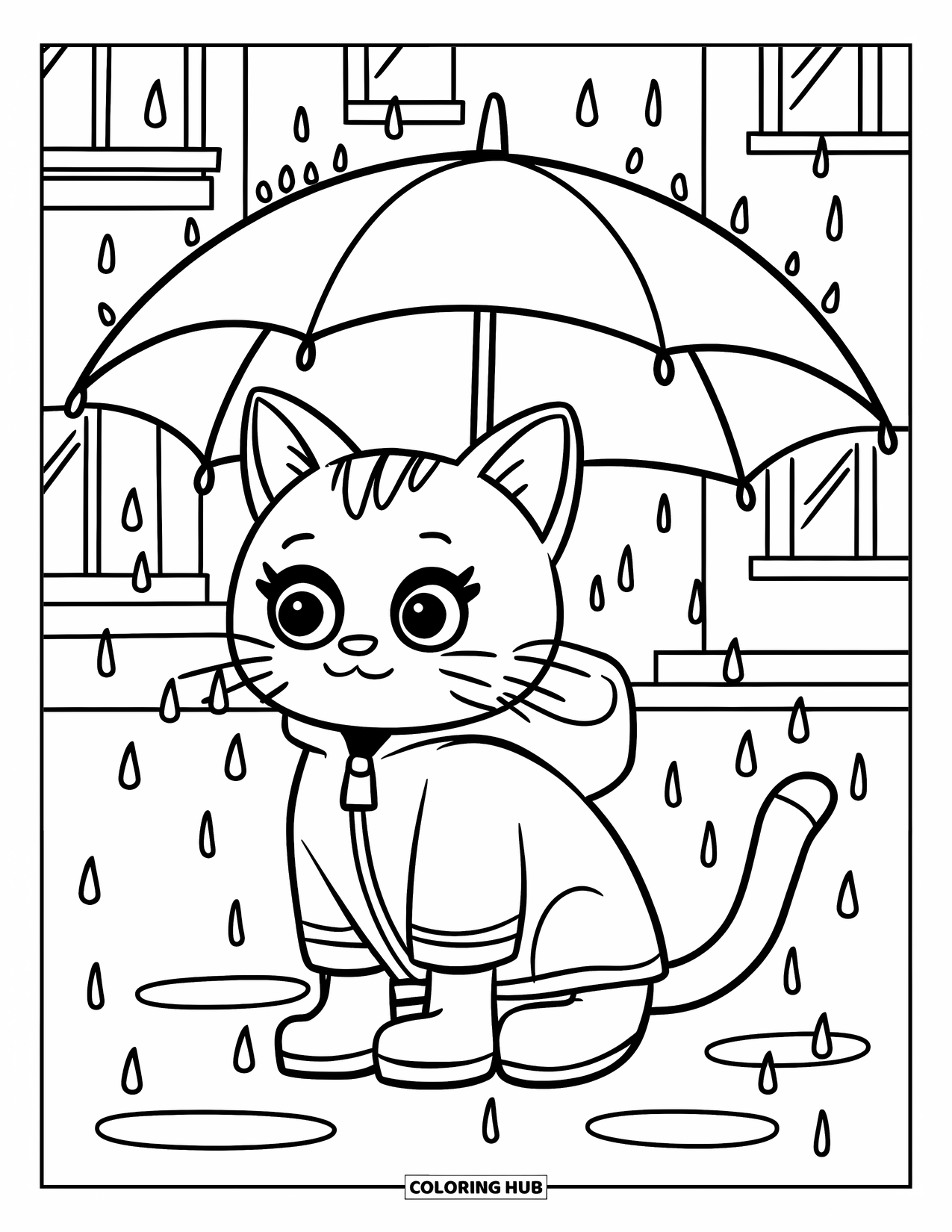 Umbrella Coloring Page for Kids: A cat in a raincoat and boots sits under an umbrella on a rainy day near a building