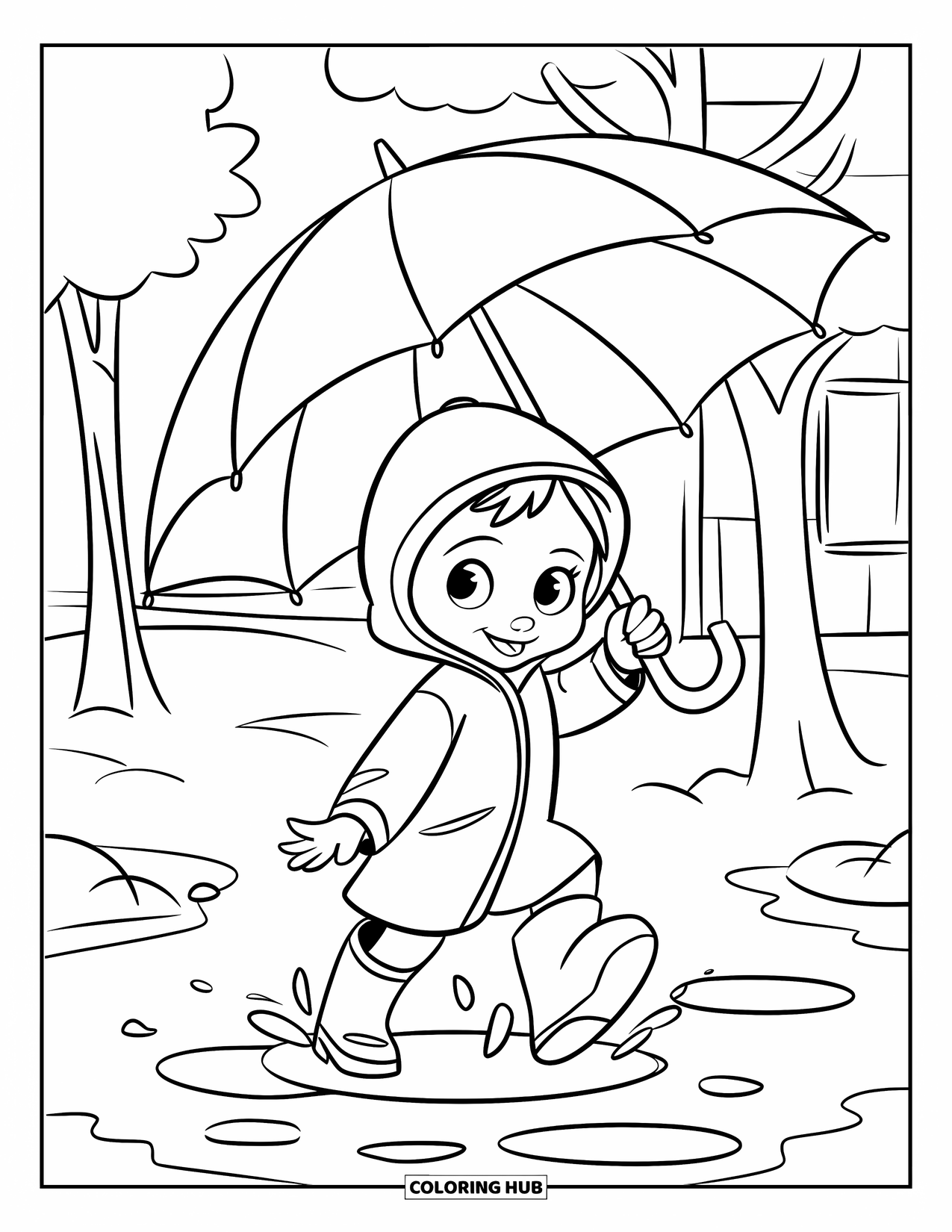 Umbrella Coloring Page for Kids: A child in a raincoat jumps in a puddle with an umbrella near trees and a building