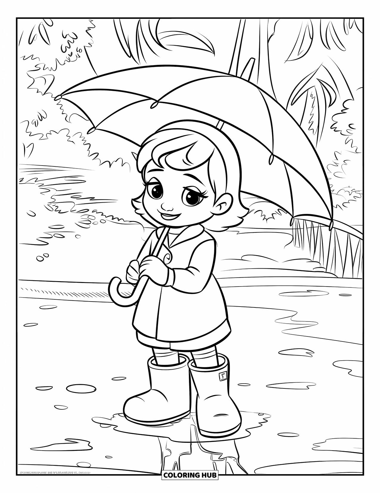Umbrella Coloring Page for Kids: A child in big rain boots holds an umbrella on wet ground near trees and a bridge