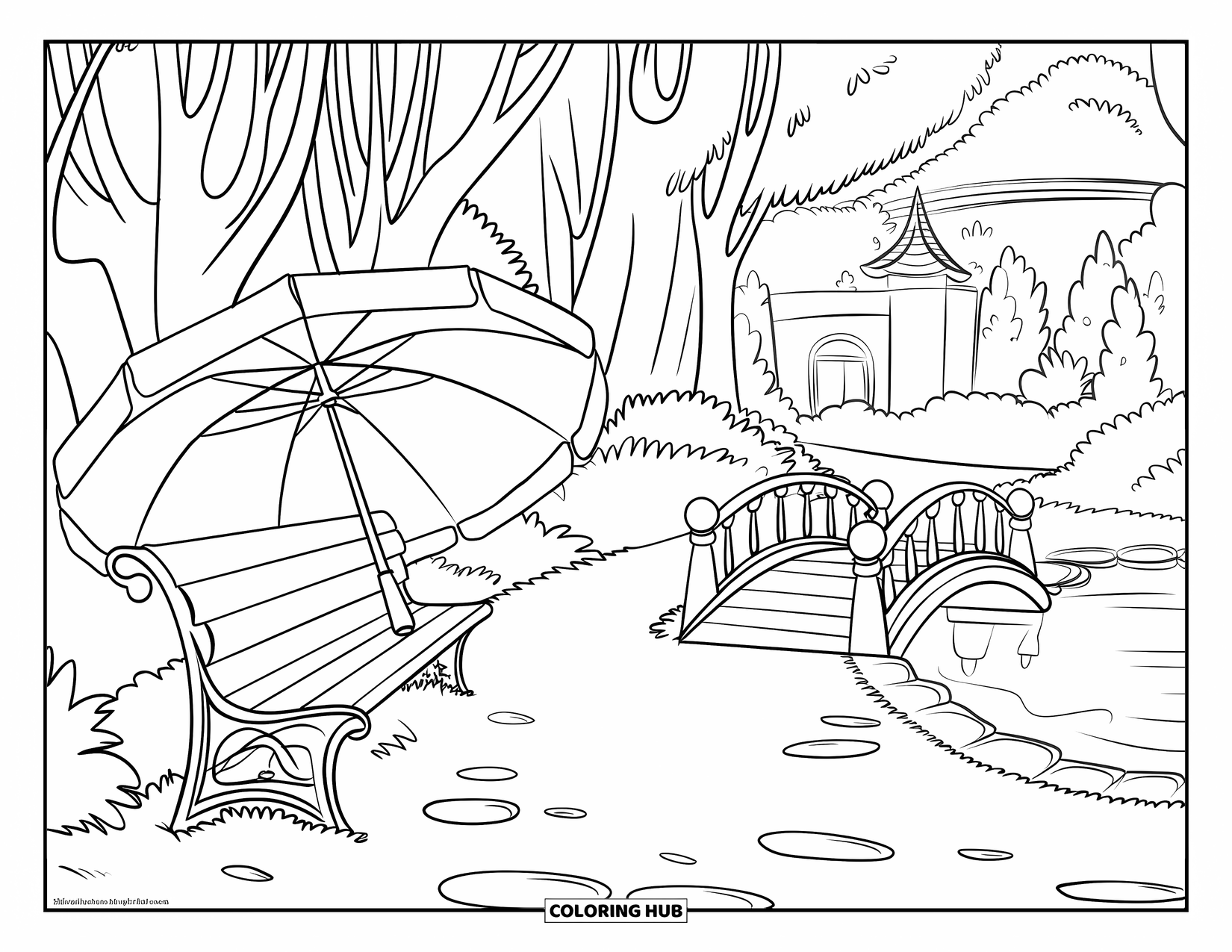 Umbrella Coloring Page for Kids: A closed umbrella rests near a pond bridge along a quiet, tree-lined garden path