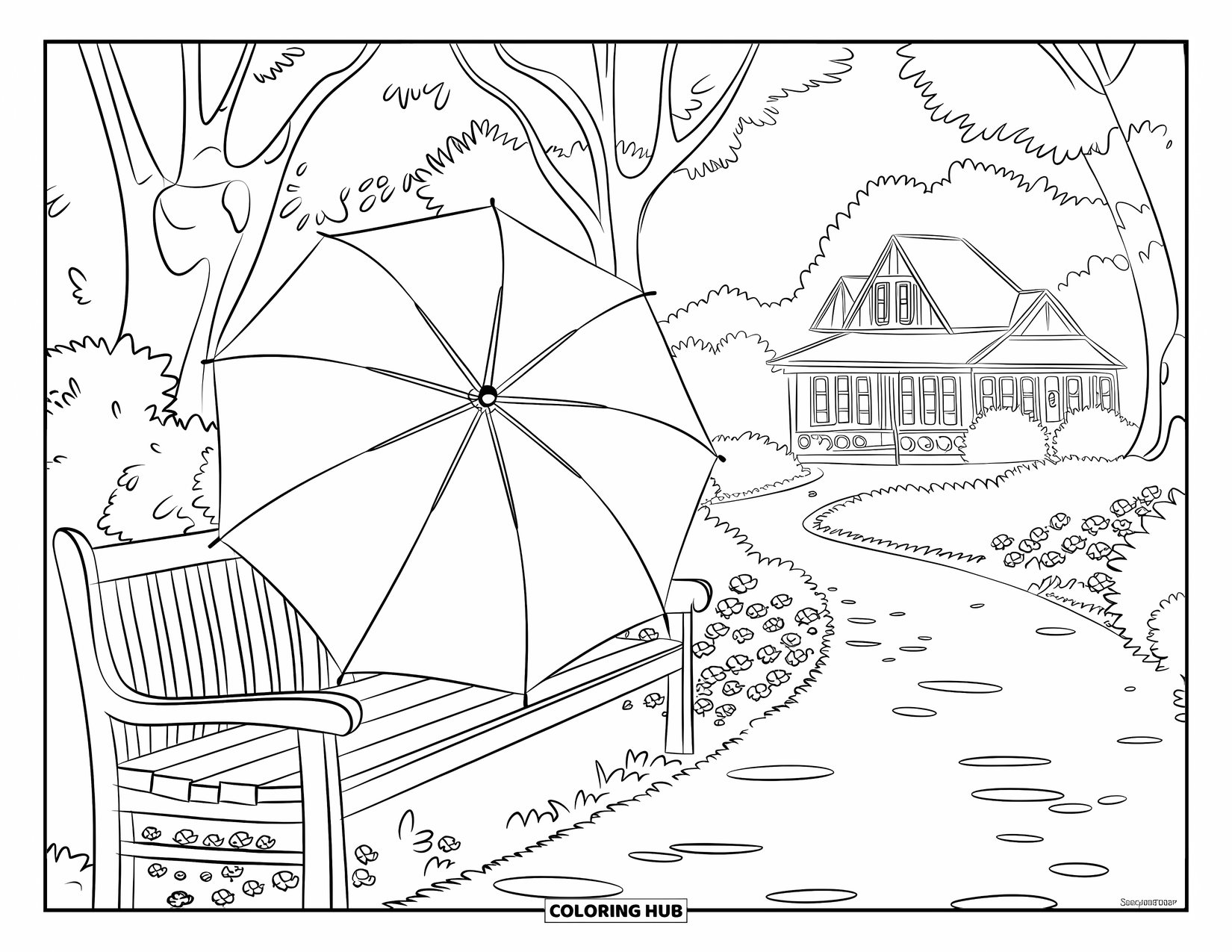 Umbrella Coloring Page for Kids: A closed umbrella sits on a bench beside trees, flowers, and a cozy cottage