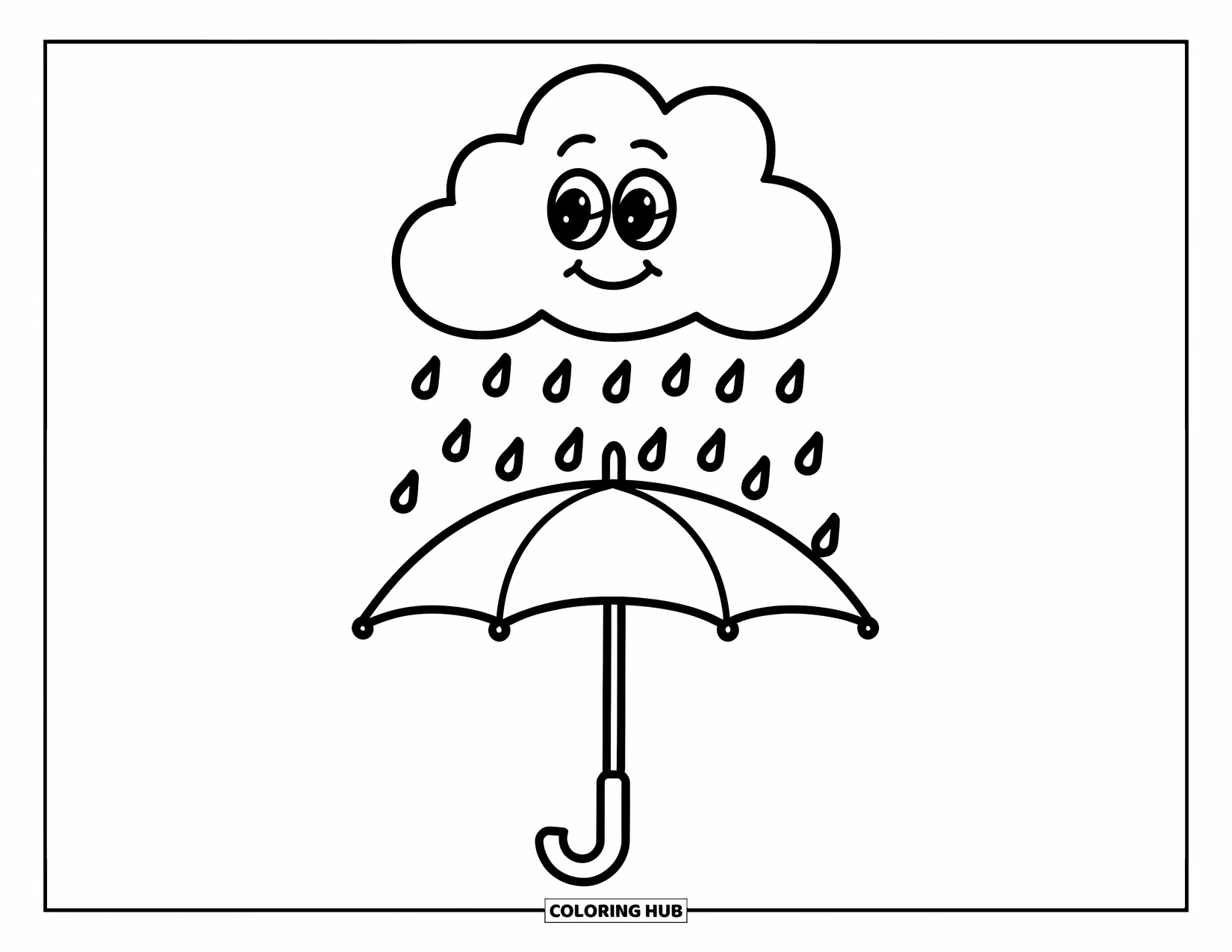 Umbrella Coloring Page for Kids: A happy cloud rains gently over an umbrella held by someone in the scene