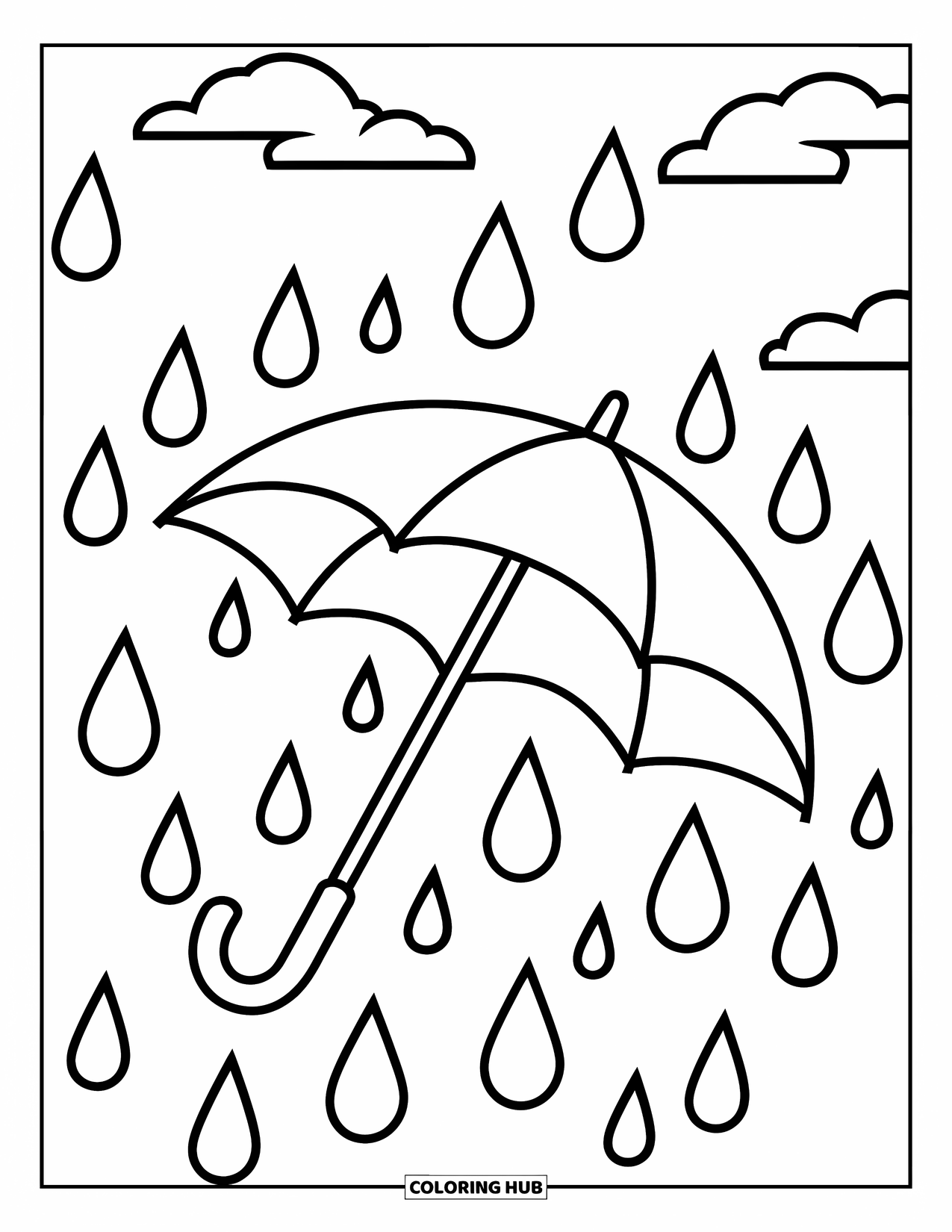 Umbrella Coloring Page for Kids: A large umbrella stands beneath big raindrops with clouds in the sky