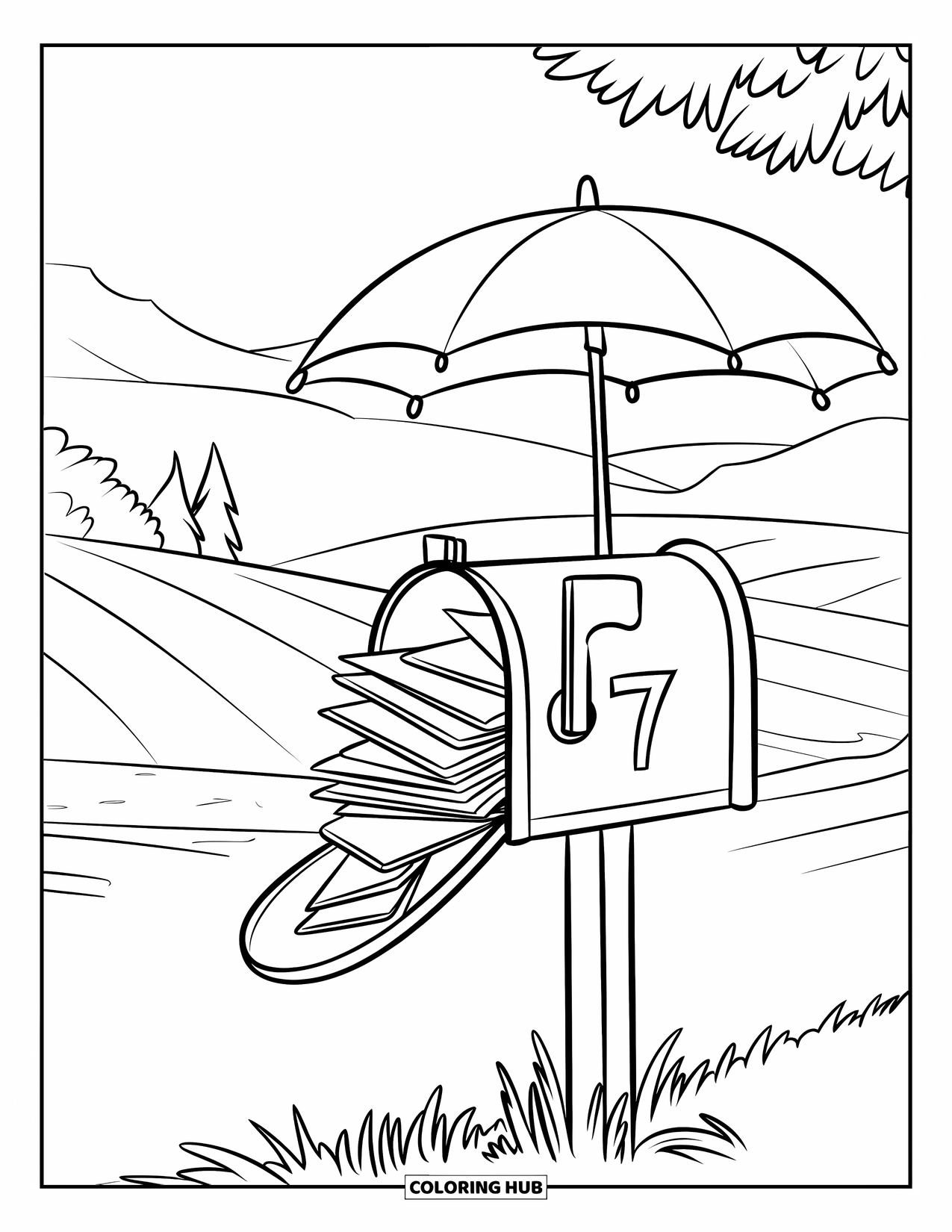 Umbrella Coloring Page for Kids: A mailbox with the number 7 sits under an umbrella among hills and trees