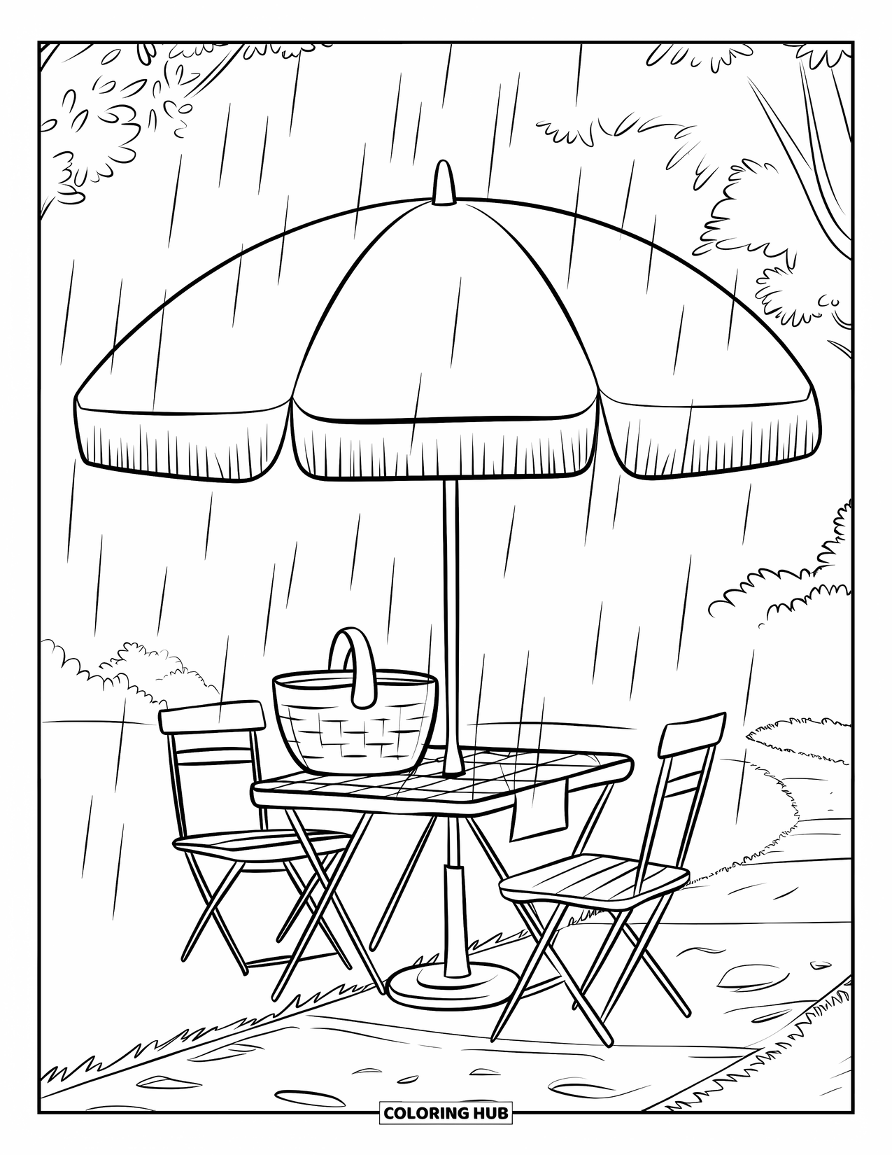 Umbrella Coloring Page for Kids: A picnic table with chairs sits under a large umbrella during a drizzle near a forest path