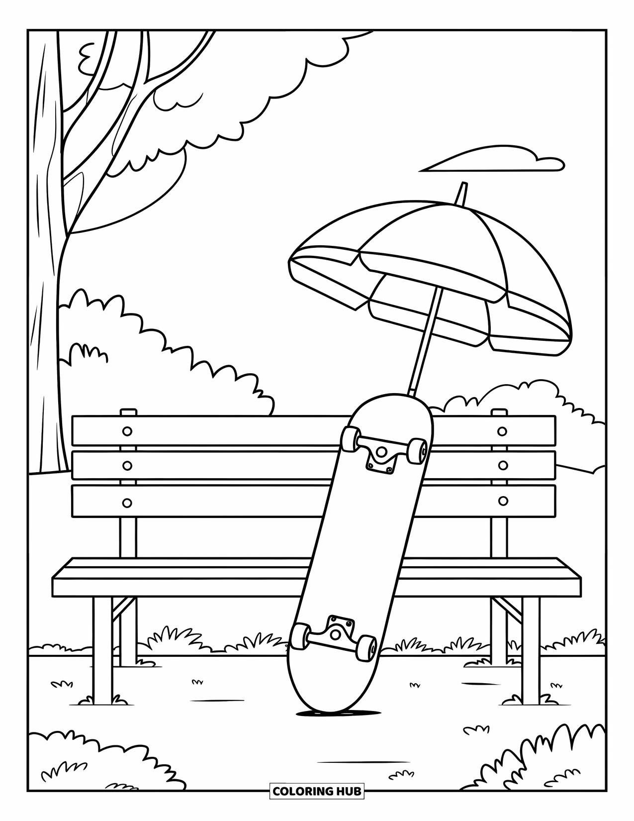 Umbrella Coloring Page for Kids: A skateboard is parked beside an umbrella near a bench and tree under a cloudy sky