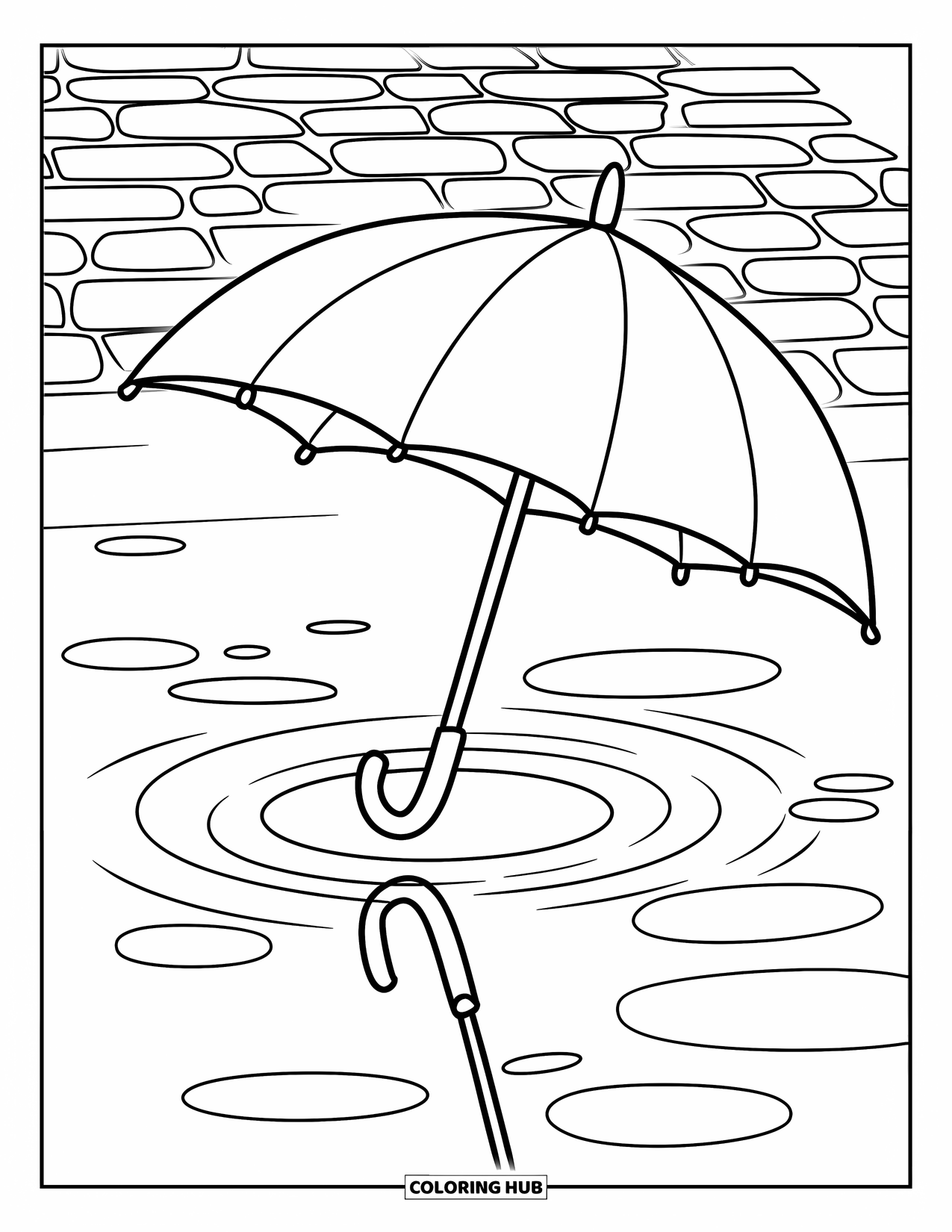 Umbrella Coloring Page for Kids: An umbrella rests in a puddle with ripples on a cobblestone street