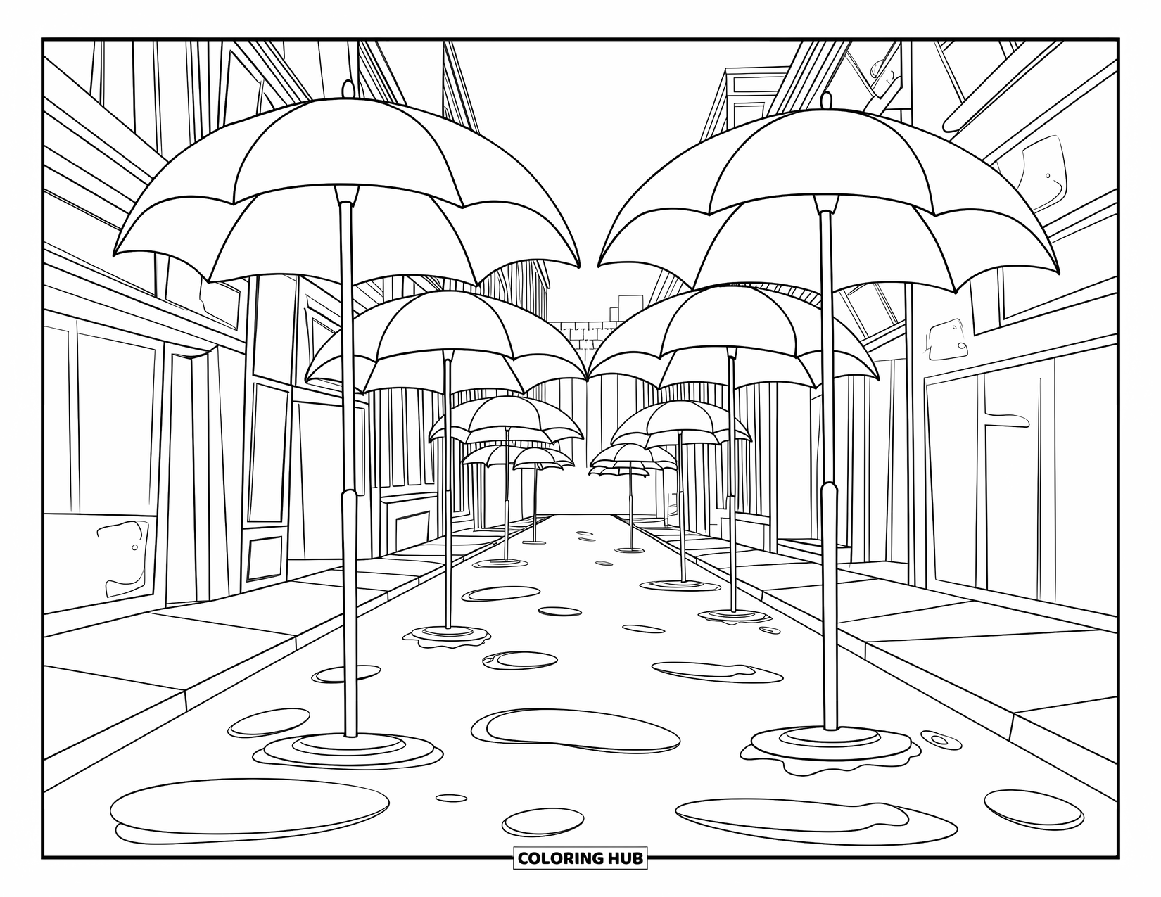 Umbrella Coloring Page for Kids: Umbrellas lie scattered along a wet city walkway between rows of tall buildings