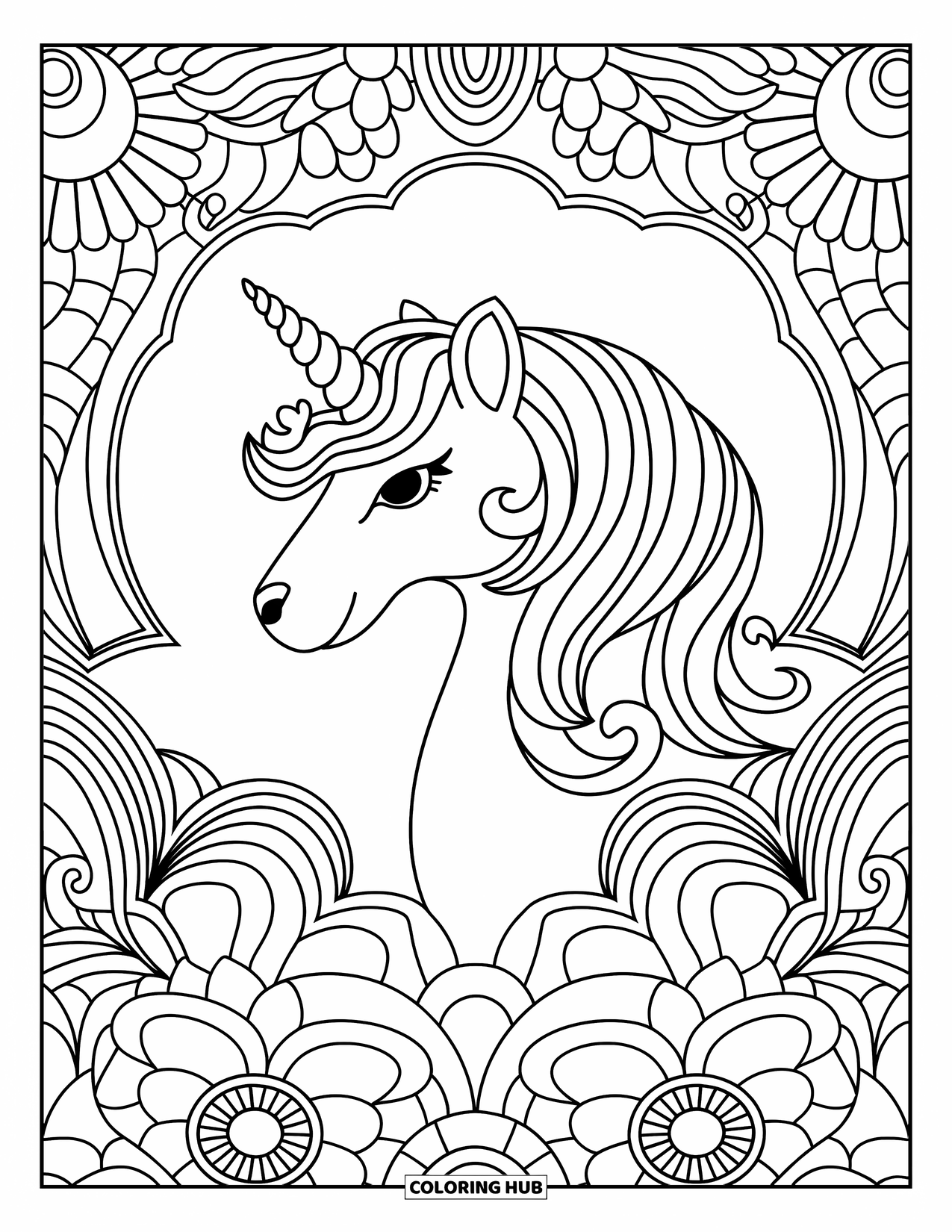 Unicorn Dog Coloring Page for Adults: Unicorn dog with flowing mane framed by spirals and floral patterns