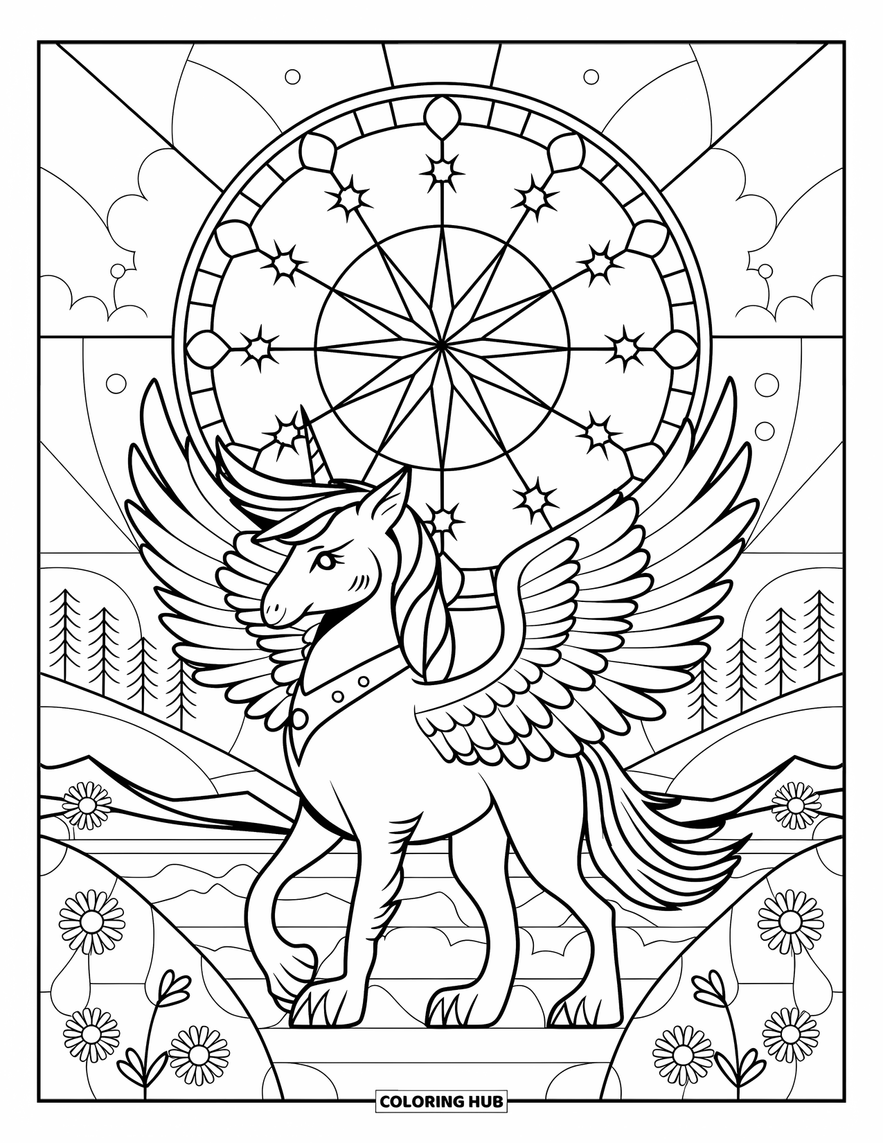 Unicorn Dog Coloring Page for Adults: Unicorn dog with wings and crown before stained glass and mountain scenery