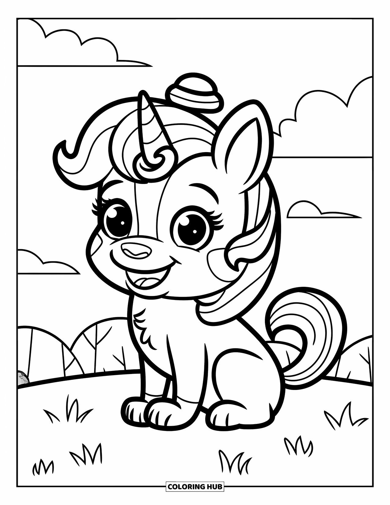 Unicorn Dog Coloring Page for Kids: Happy unicorn dog with hat in grassy field