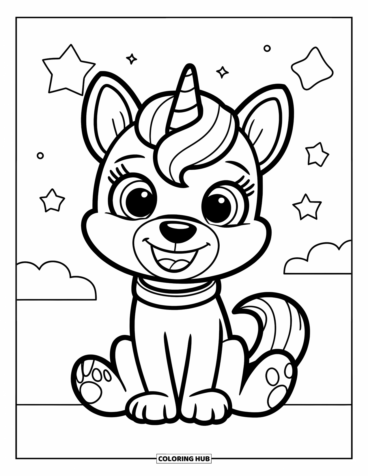 Unicorn Dog Coloring Page for Kids: Smiling unicorn dog sitting with curled tail