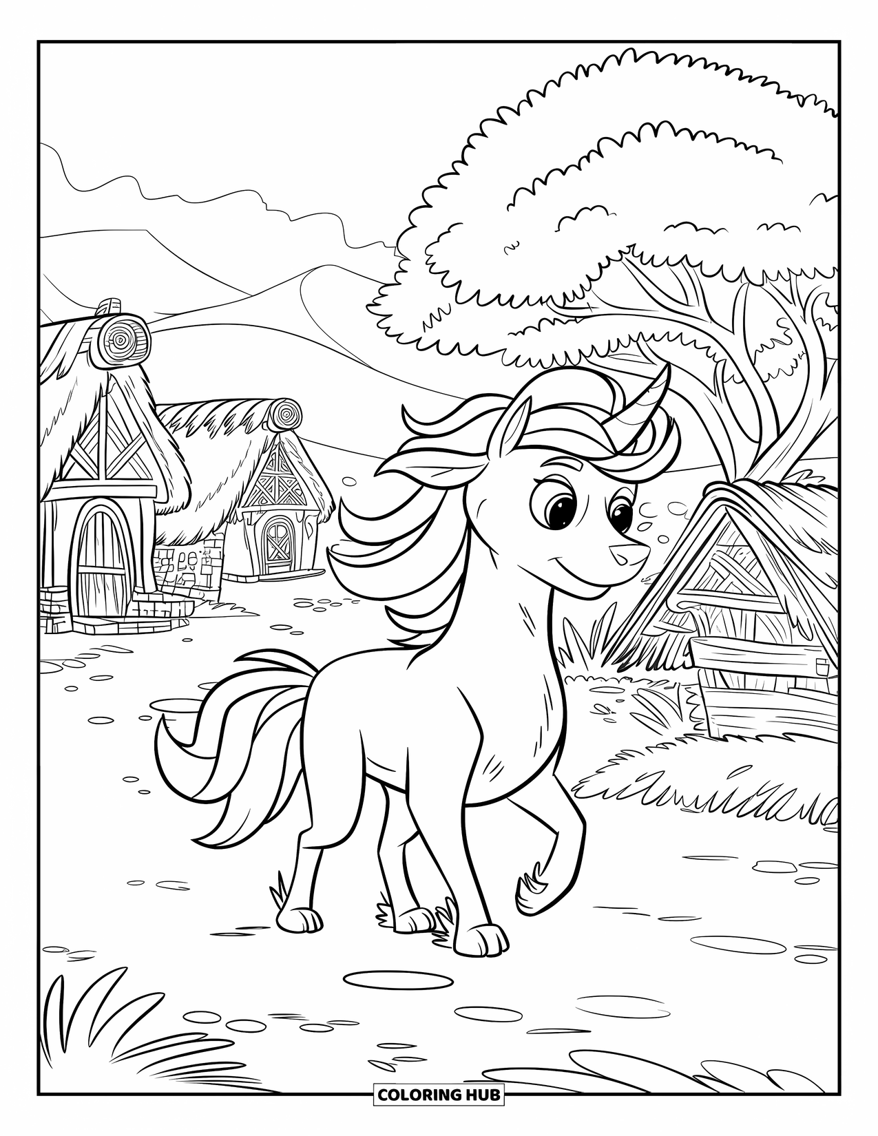 Unicorn Dog Coloring Page for Kids: Unicorn dog exploring a quiet village with hills