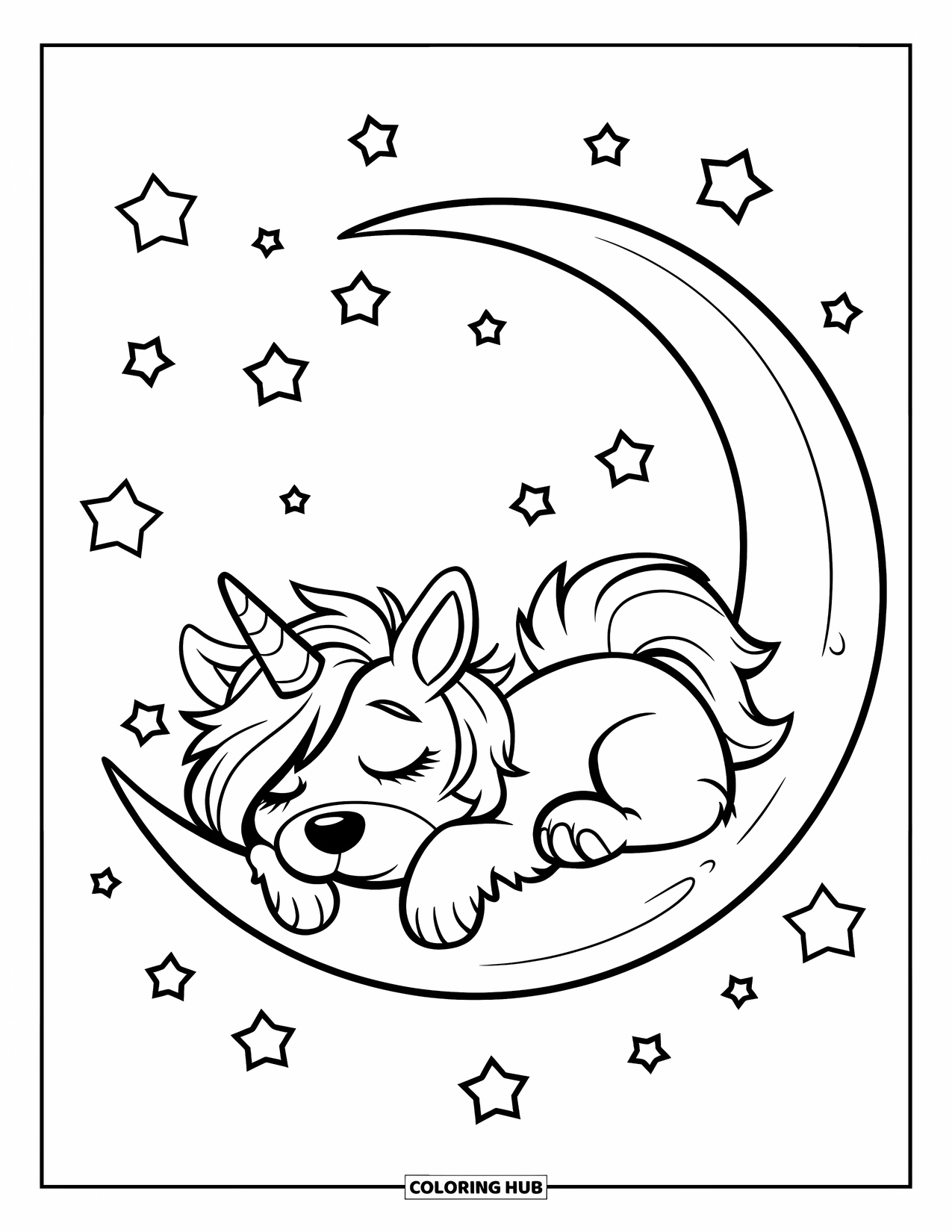Unicorn Dog Coloring Page for Kids: Unicorn dog sleeping on moon in night sky