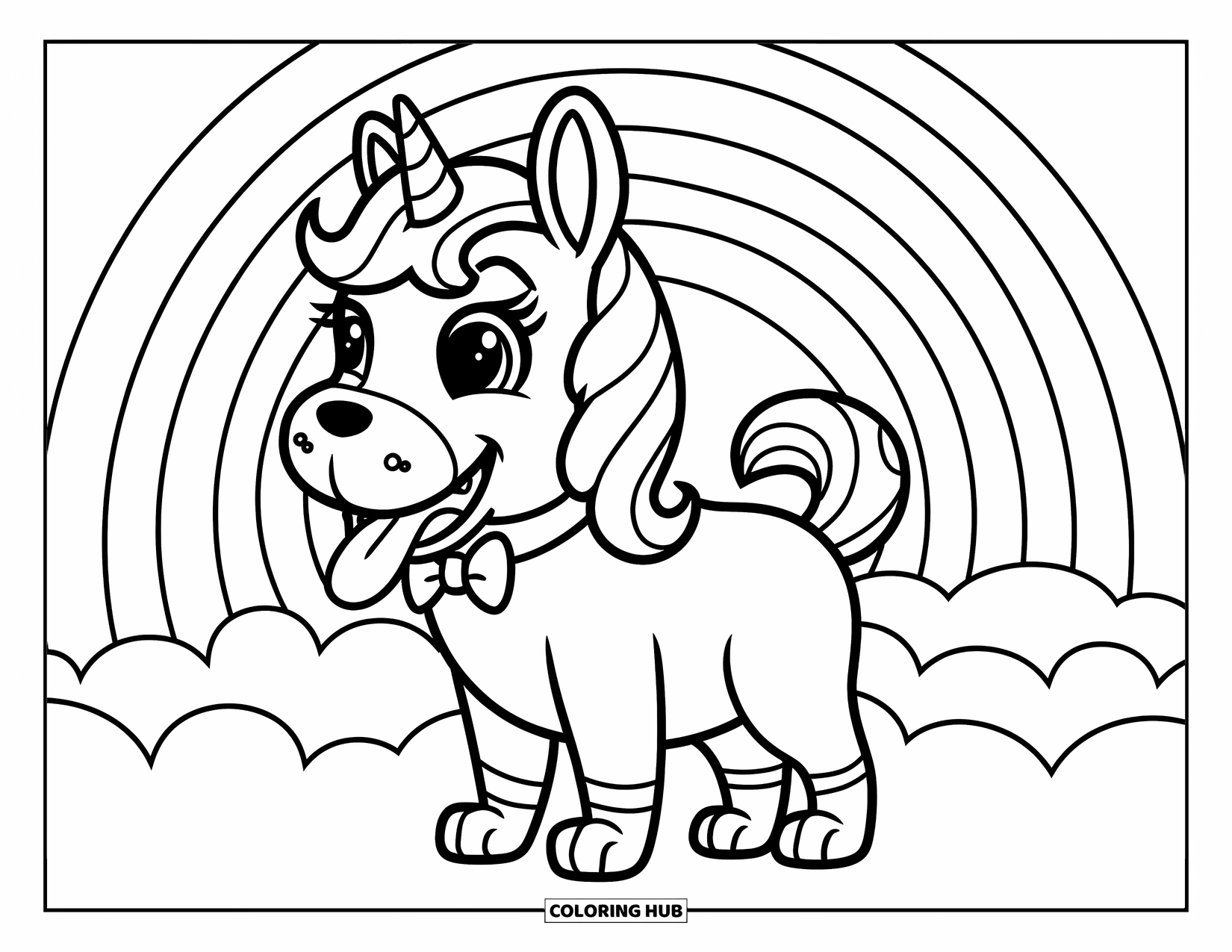 Unicorn Dog Coloring Page for Kids: Unicorn dog with bowtie standing on fluffy cloud