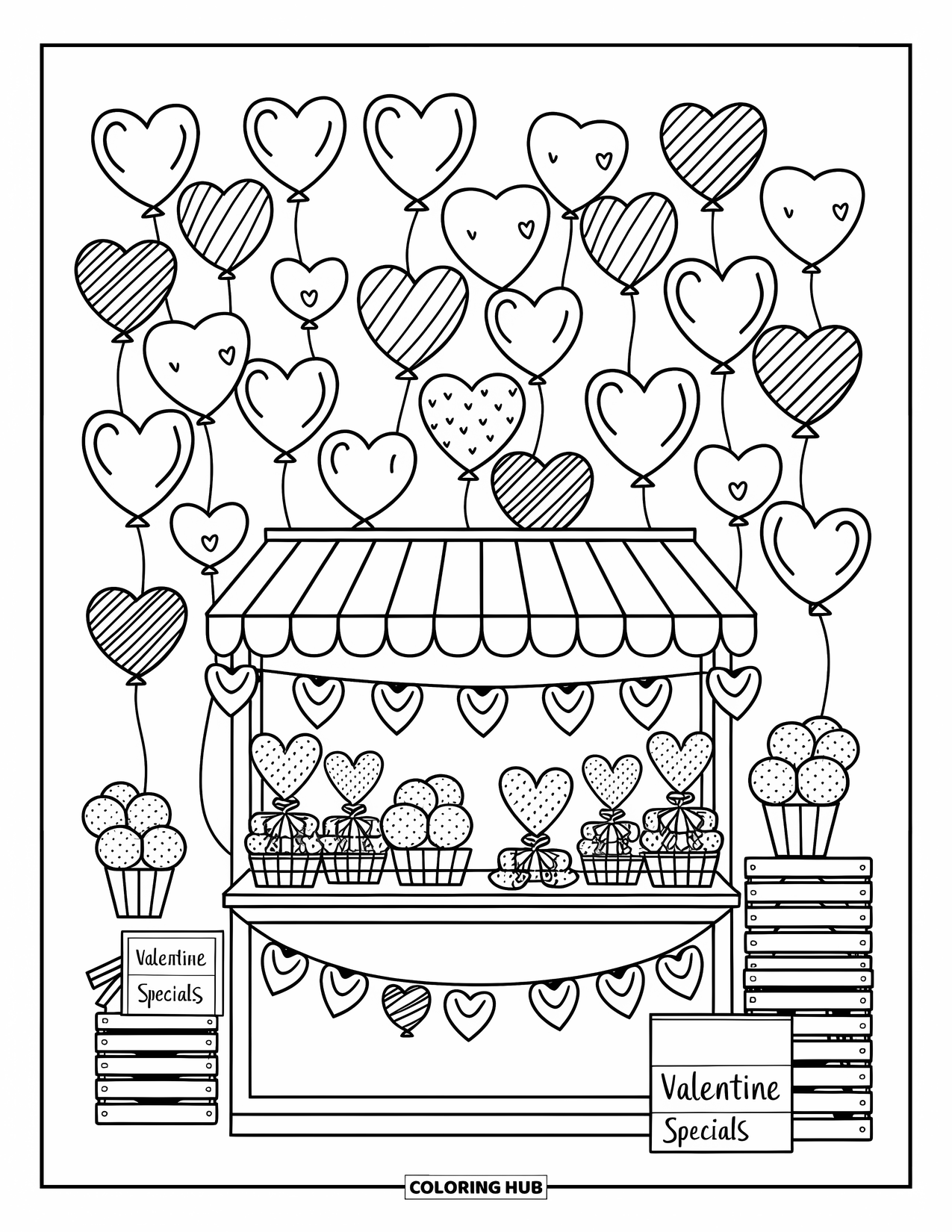 Valentine Coloring Page for Adults: Balloon stall offering striped and polka-dotted heart balloons