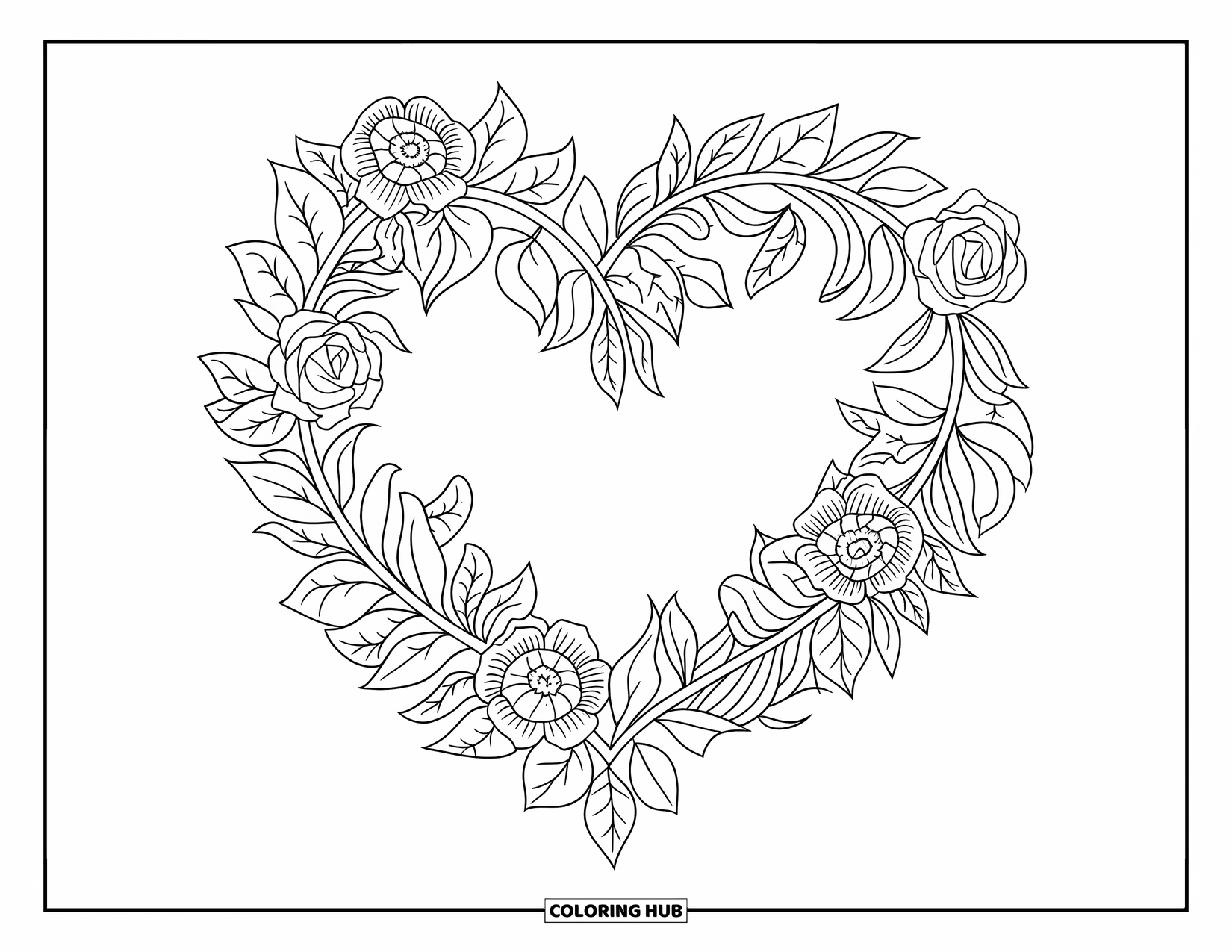 Valentine Coloring Page for Adults: Detailed heart wreath of roses and mandalas on a white background