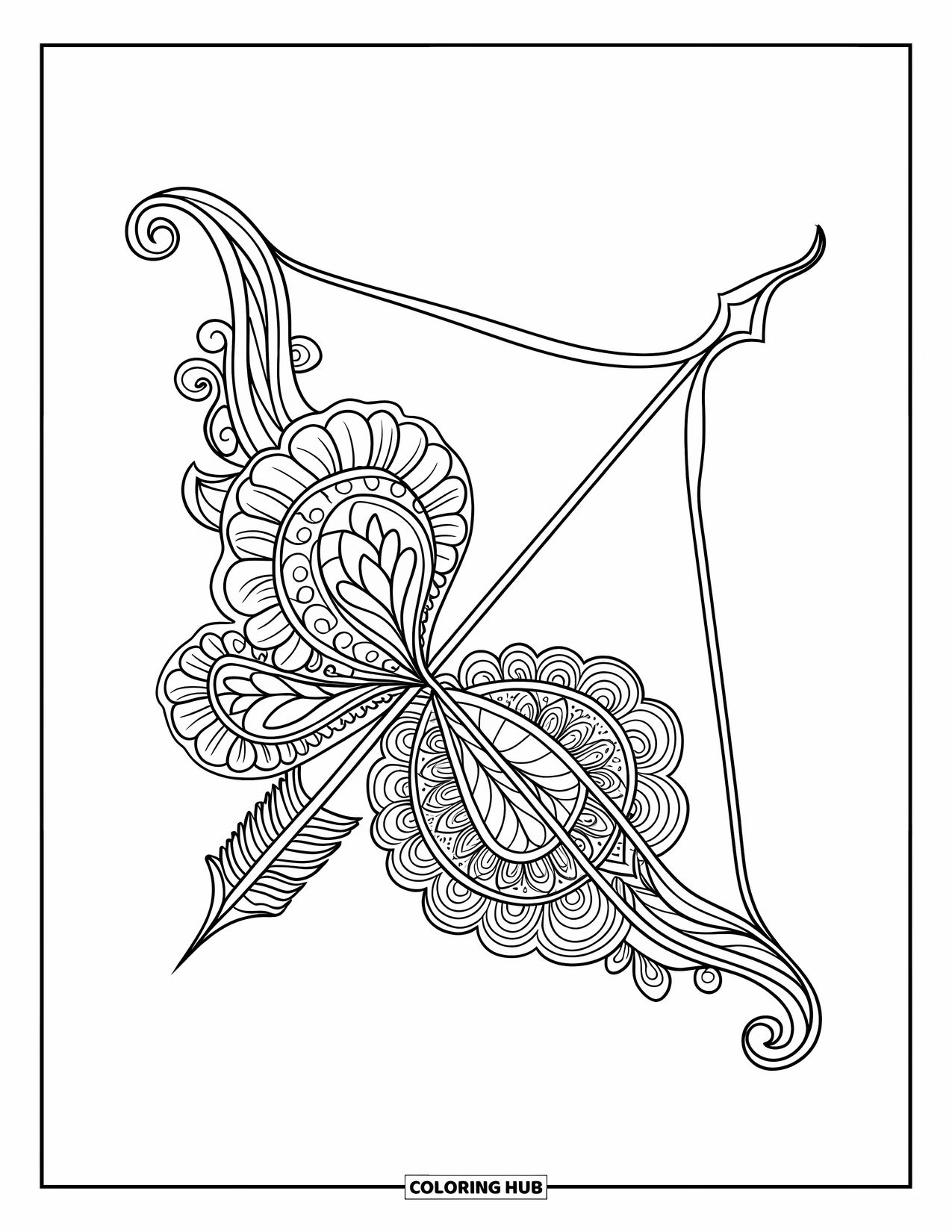 Valentine Coloring Page for Adults: Floral mandala bow and arrow on a white background
