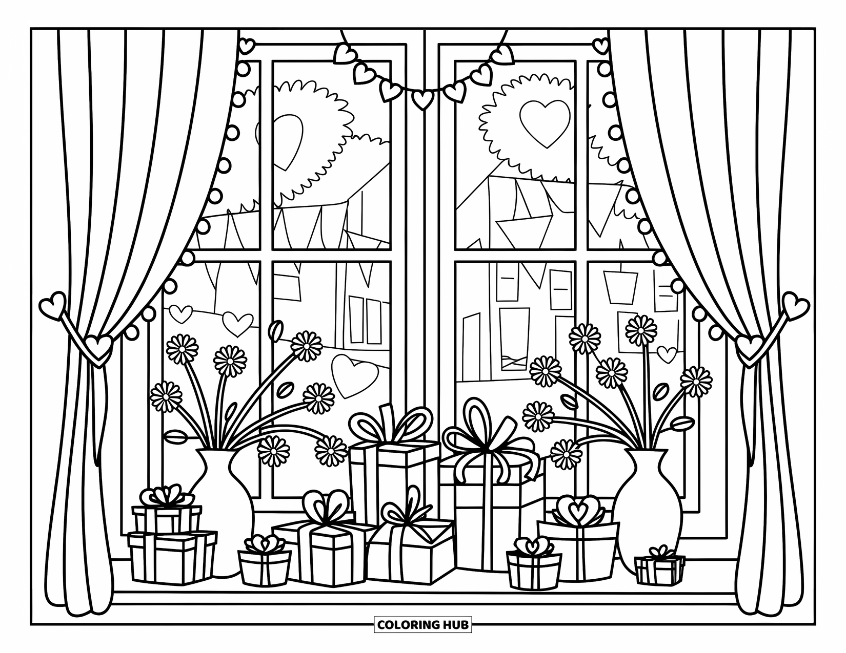 Valentine Coloring Page for Adults: Flowers, gifts, and heart garlands decorate a cozy window view