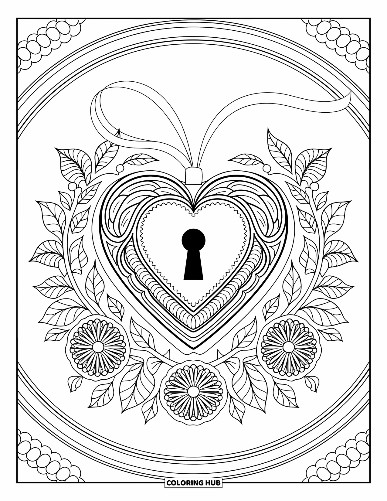Valentine Coloring Page for Adults: Heart locket with ribbon framed by floral mandalas