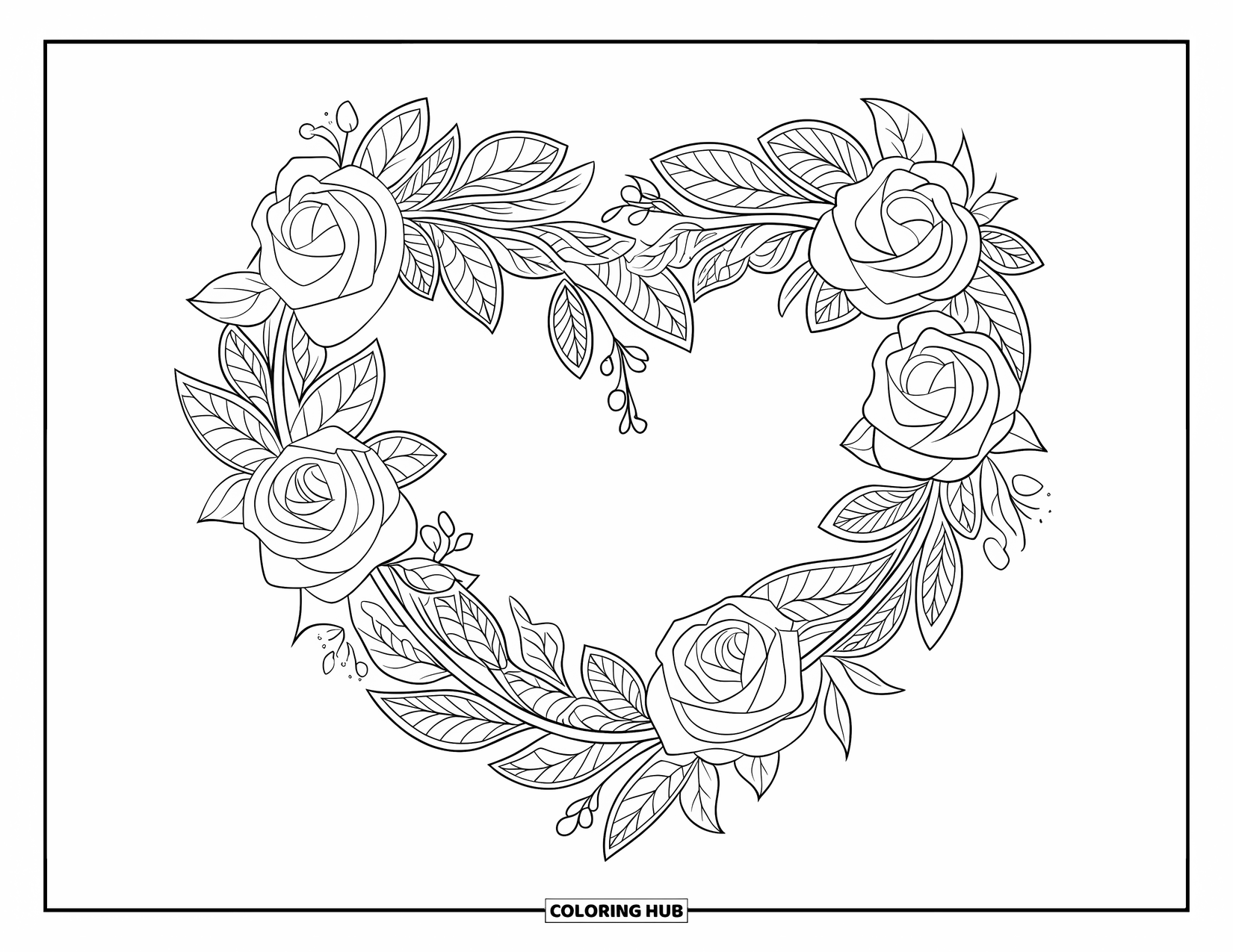 Valentine Coloring Page for Adults: Heart-shaped wreath made of roses, leaves, and mandala details