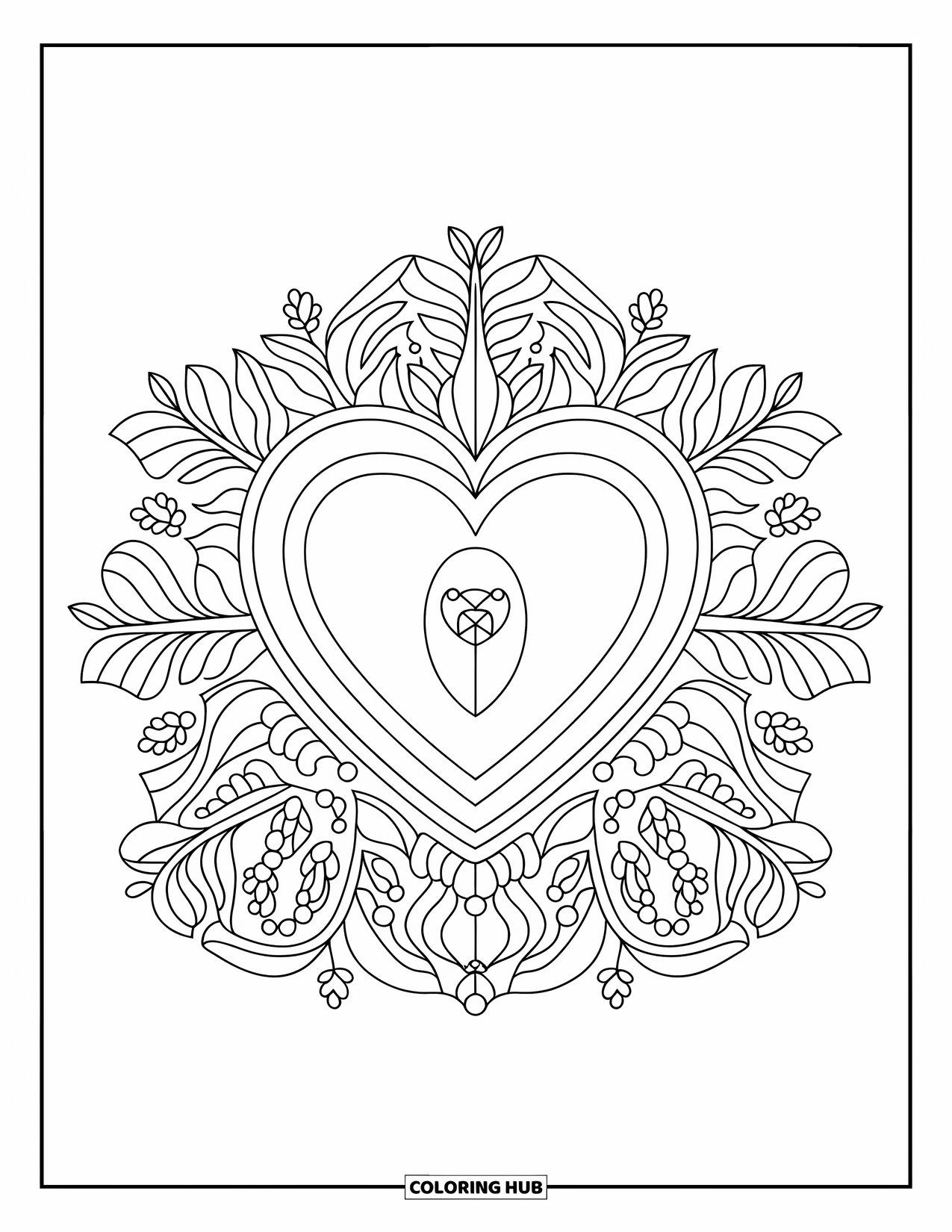 Valentine Coloring Page for Adults: Intricate heart locket with botanical mandala designs