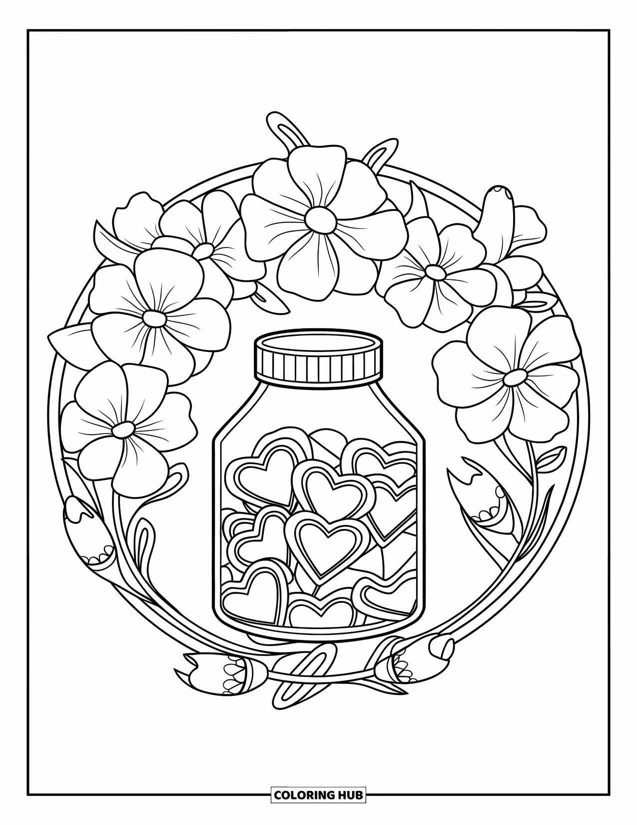 Valentine Coloring Page for Adults: Jar of heart candies encircled by blooming mandalas