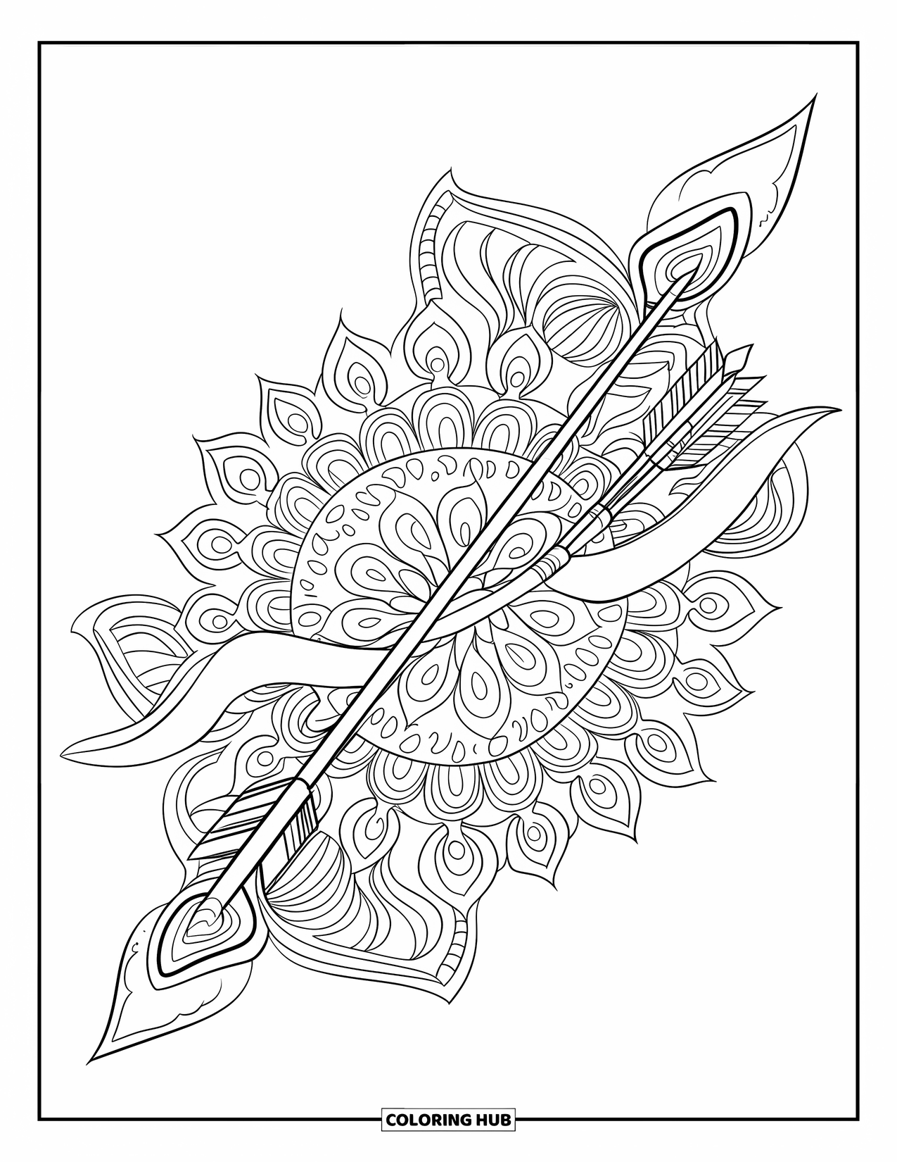 Valentine Coloring Page for Adults: Ornate bow and arrow wrapped in floral mandalas