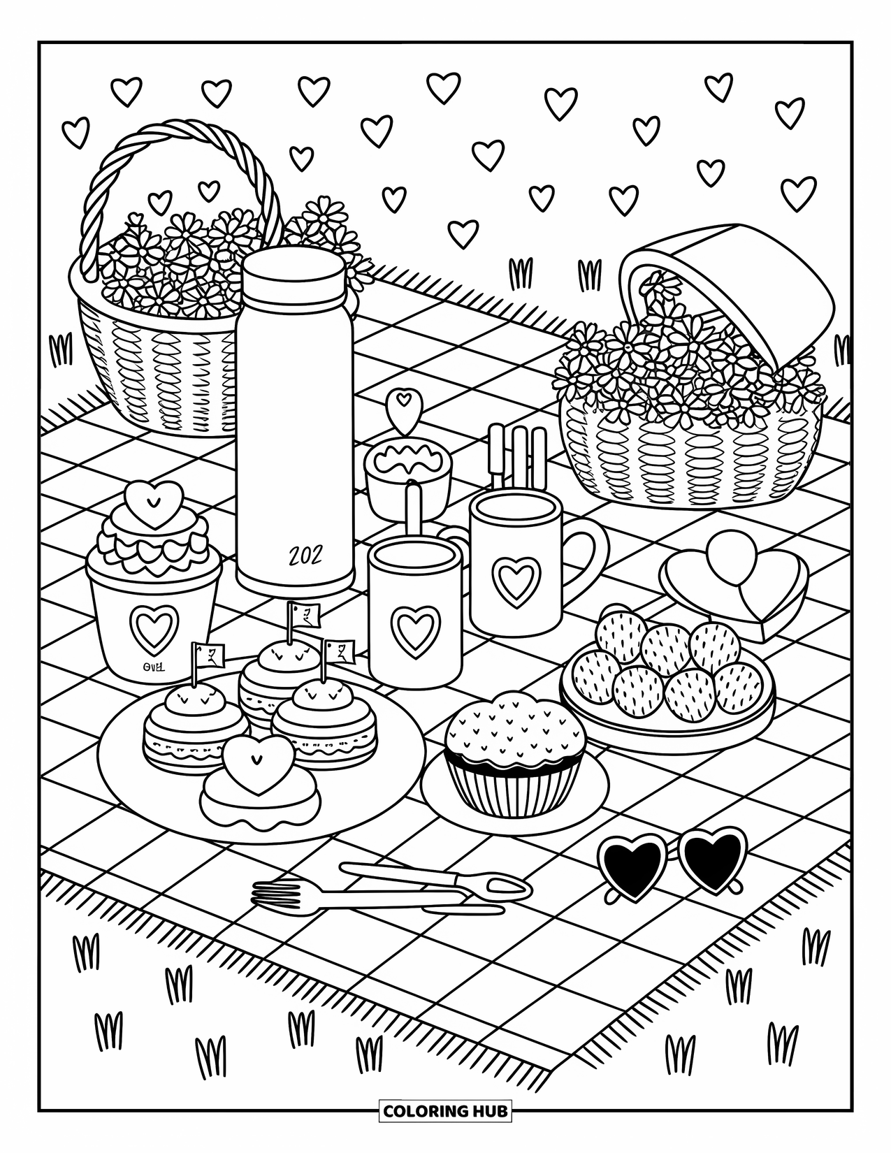 Valentine Coloring Page for Adults: Picnic setup with heart sandwiches, cupcakes, and a basket of flowers