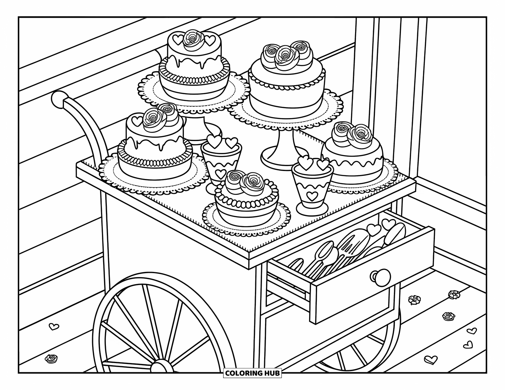 Valentine Coloring Page for Adults: Vintage dessert cart filled with heart cakes, cupcakes, and tarts