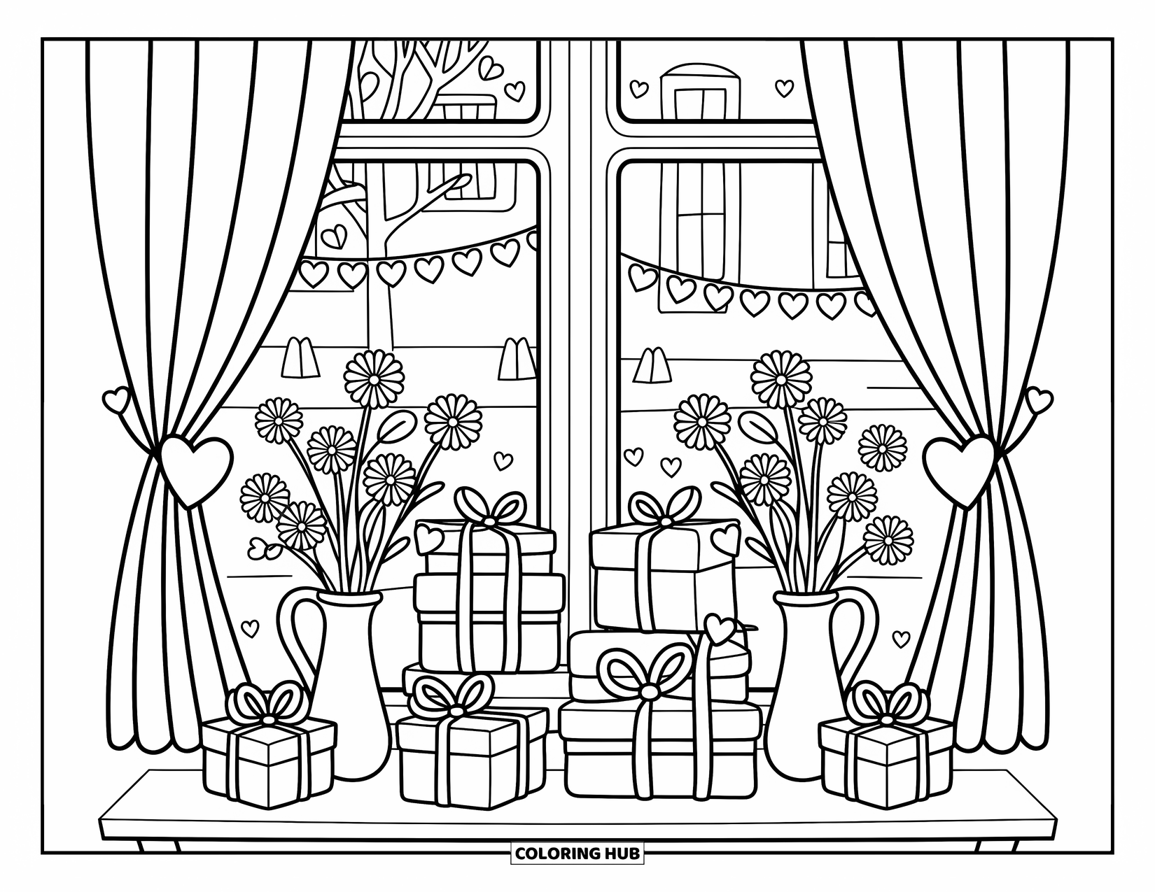 Valentine Coloring Page for Adults: Window scene with gifts, flowers, and heart garlands under gentle light