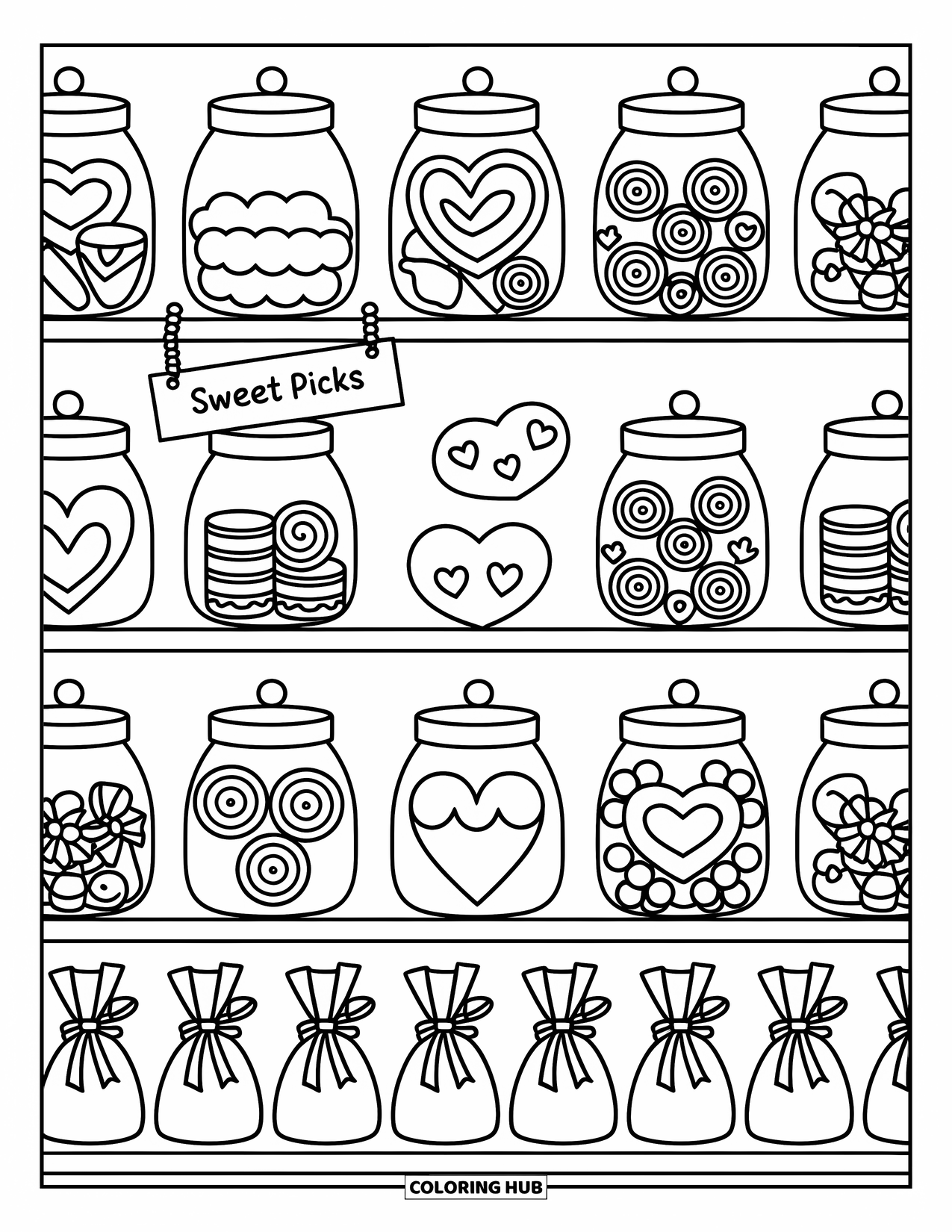 Valentine Coloring Page for Adults: Wooden shelf stacked with jars of heart candies and lollipops