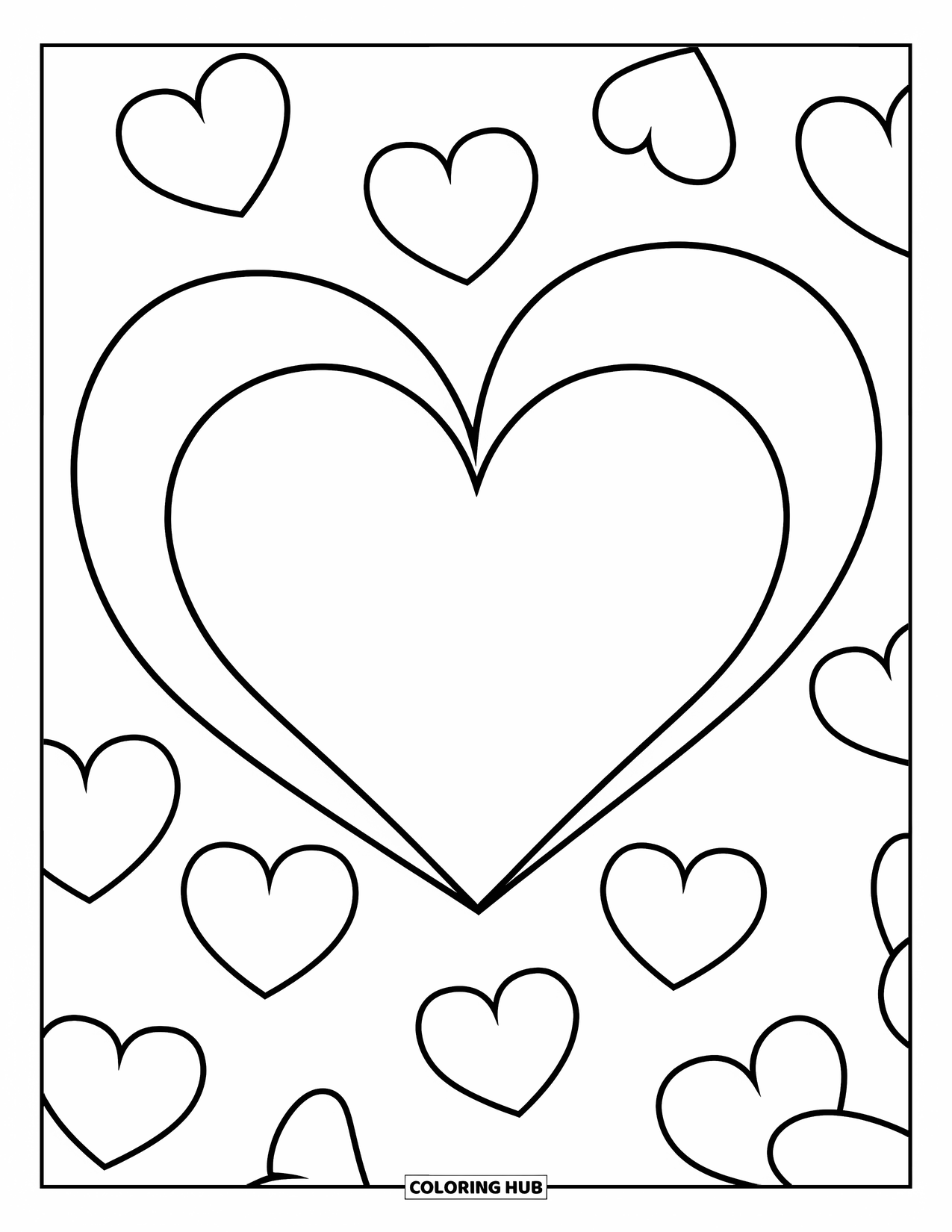 Valentine Coloring Page for Kids: A big heart with smaller hearts floating around
