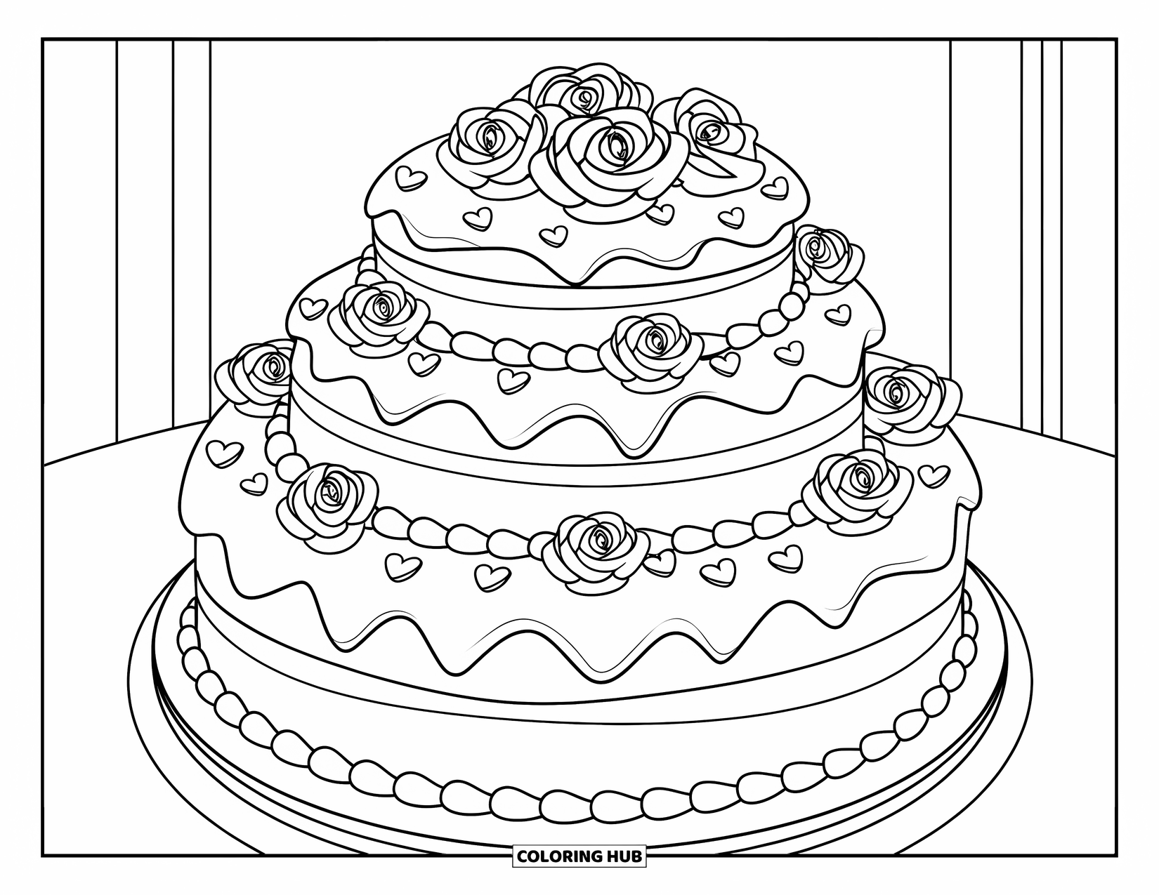 Valentine Coloring Page for Kids: A cake with roses and heart toppings on smooth frosting