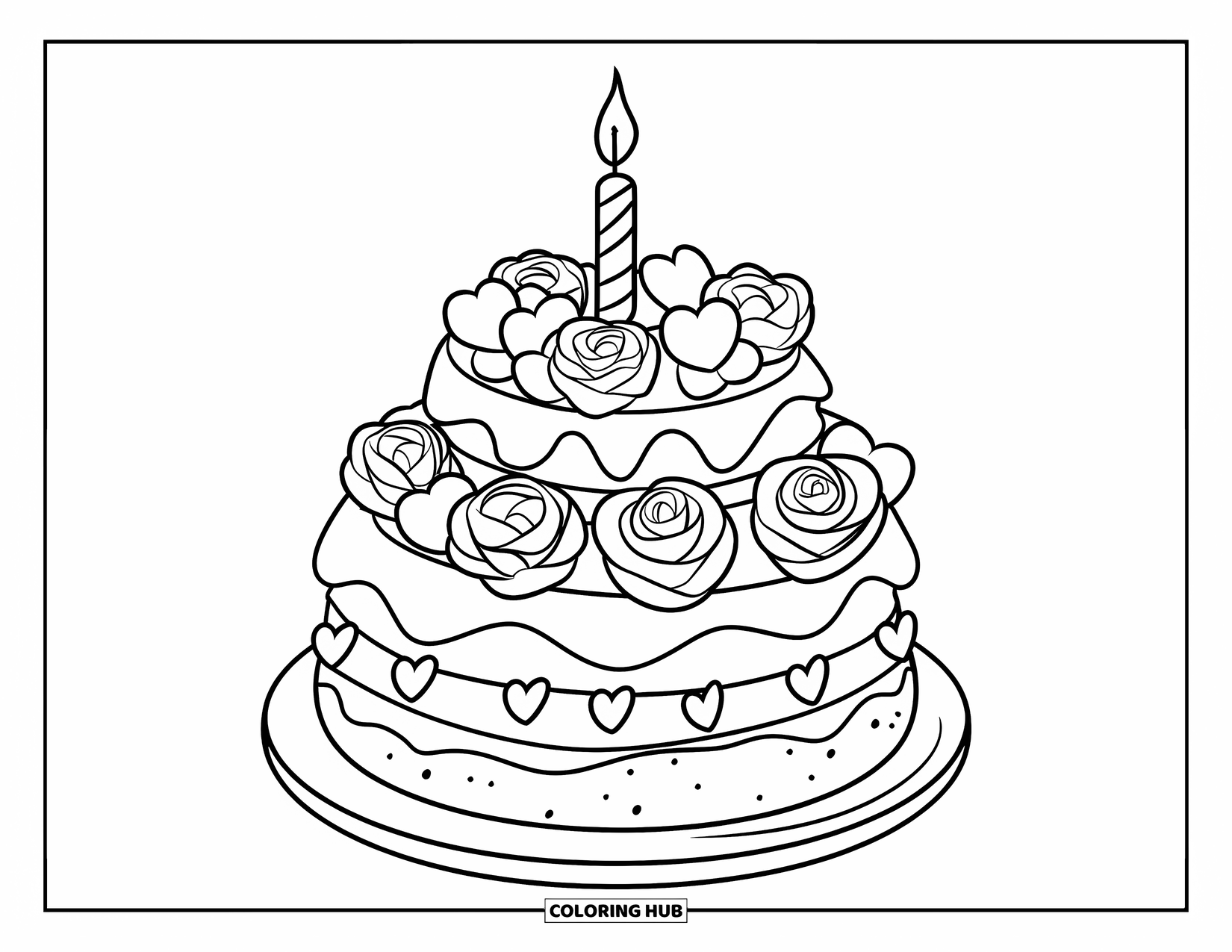 Valentine Coloring Page for Kids: A layered cake with roses and heart toppings