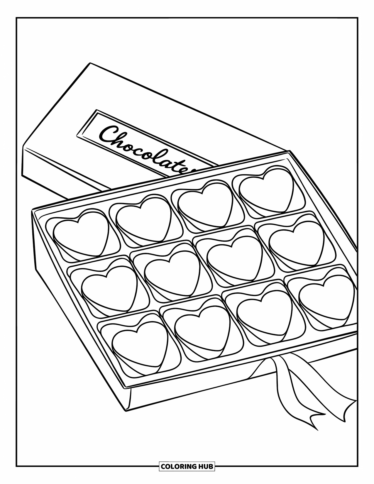 Valentine Coloring Page for Kids: Box of heart chocolates with label "Chocolates"