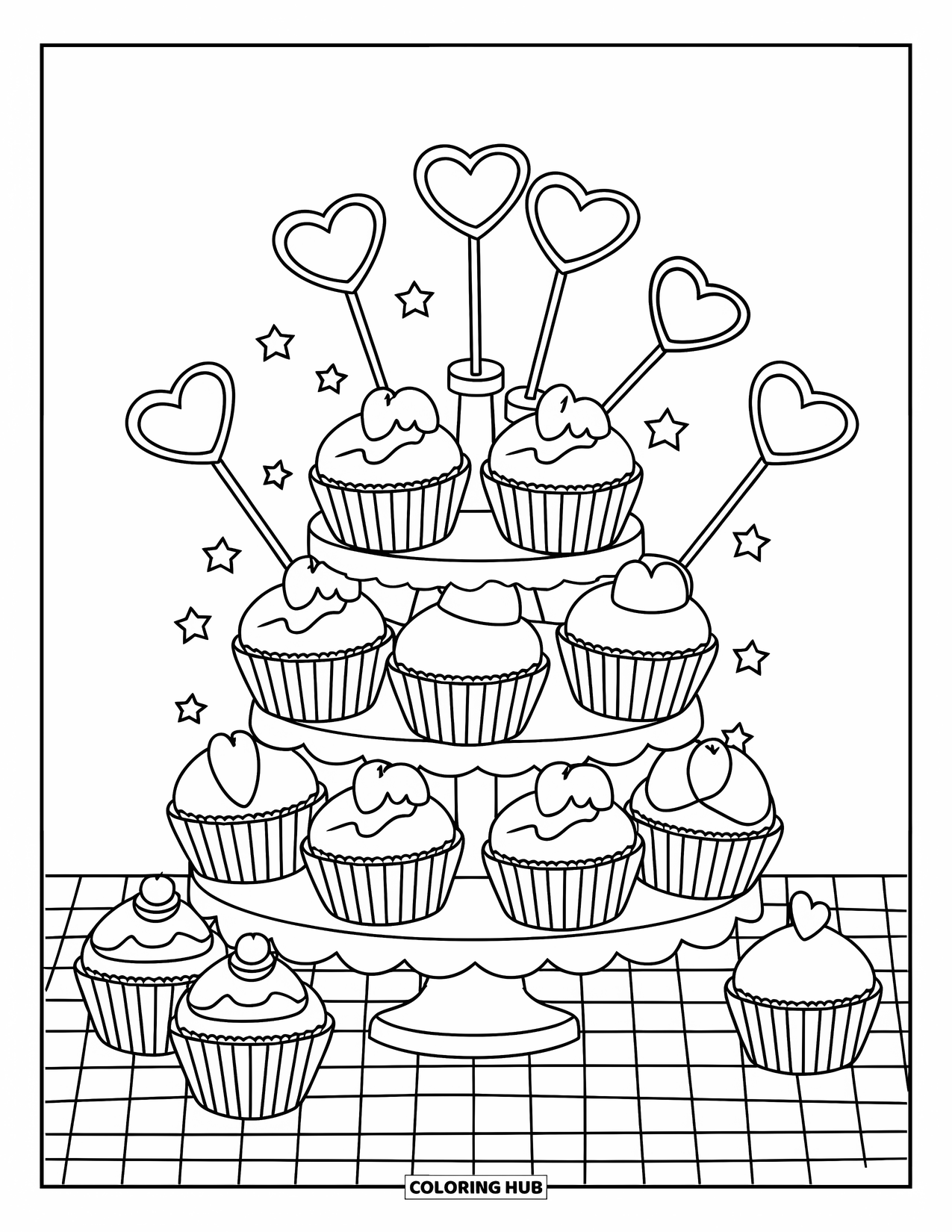 Valentine Coloring Page for Kids: Cupcake tower on a checkered table