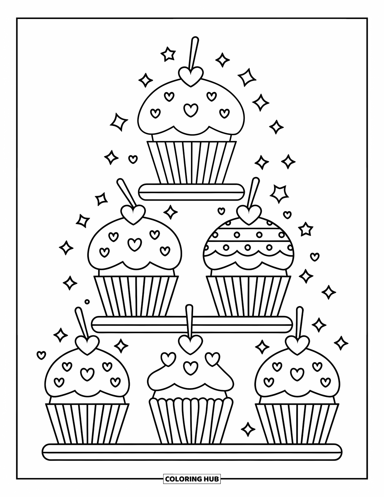 Valentine Coloring Page for Kids: Cupcake tower topped with hearts and stars