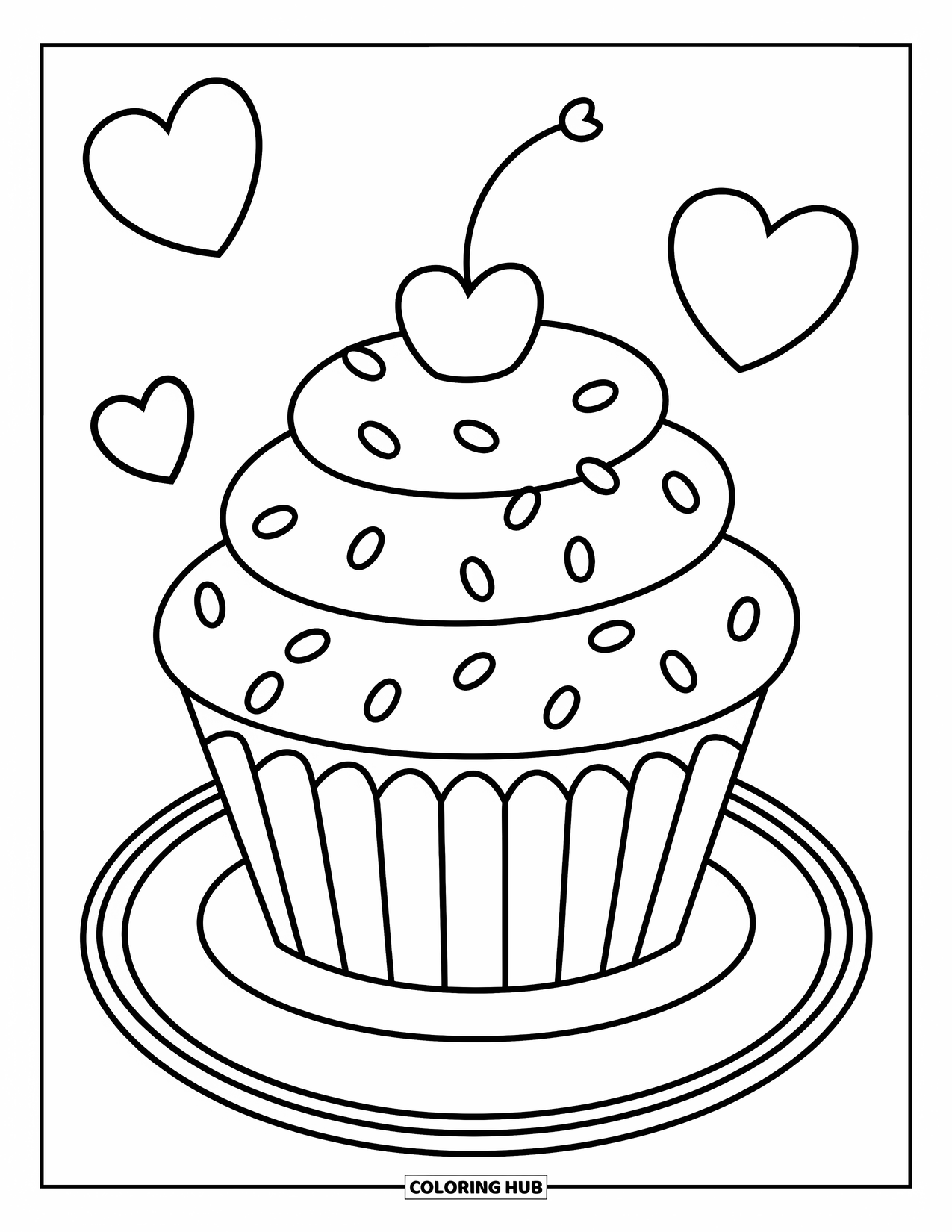 Valentine Coloring Page for Kids: Cupcake with heart topper and hearts beside it
