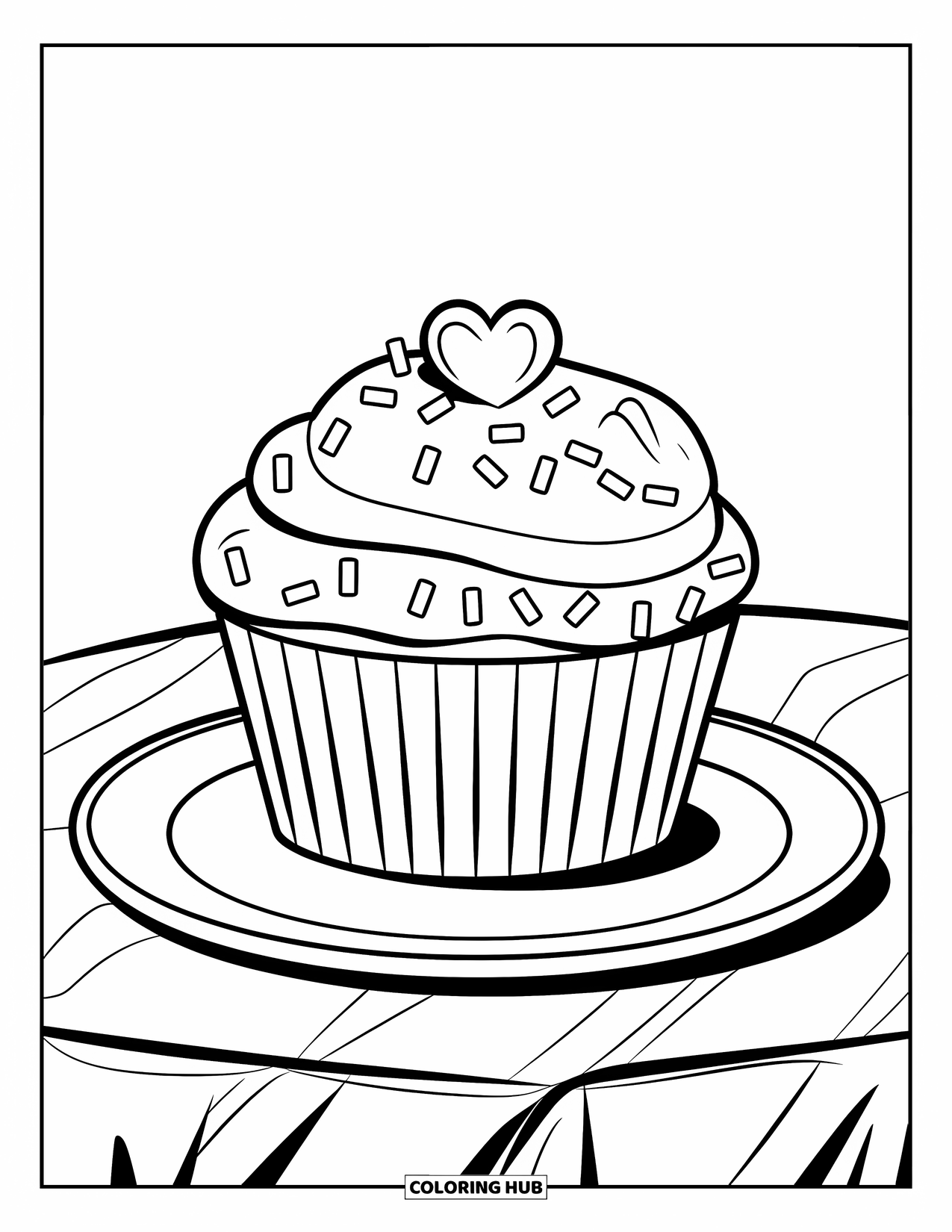 Valentine Coloring Page for Kids: Cupcake with heart topper and sprinkles on plate